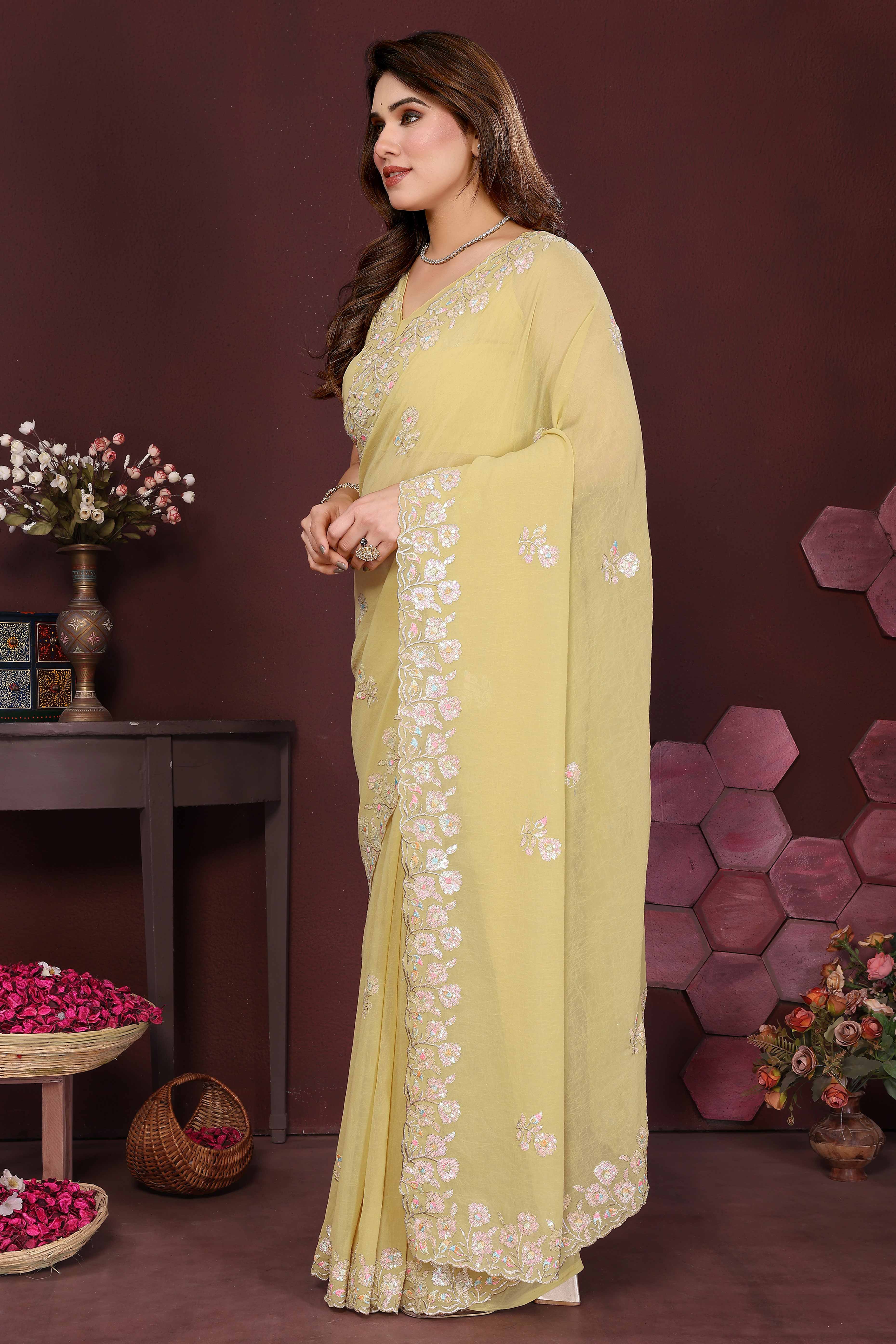 Yellow Georgette Saree Featuring Intricate Floral Sequin Embroidery