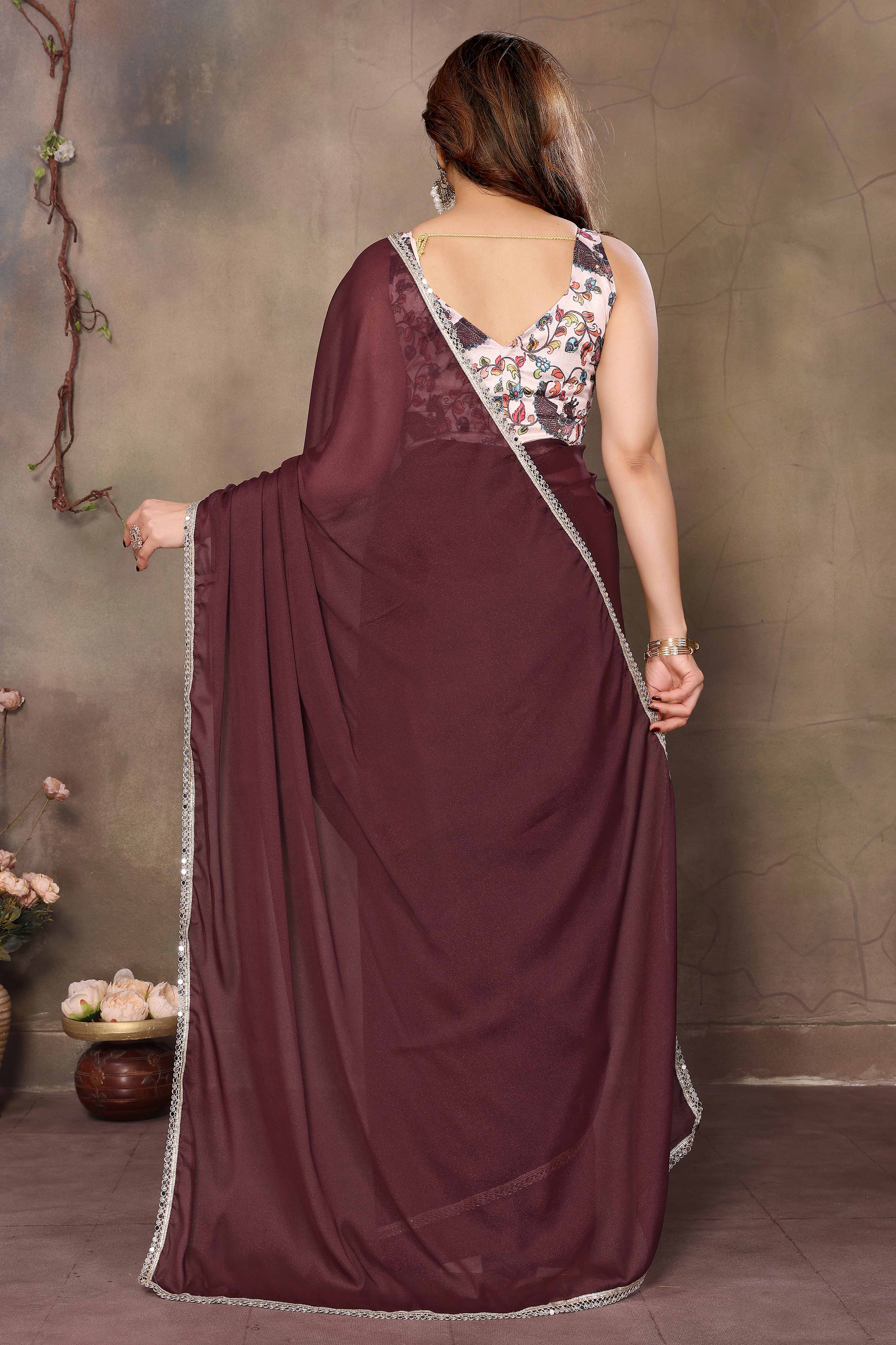 Burgundy Solid Sparkling Georgette Saree Enhanced With Shimmering Mirror Border