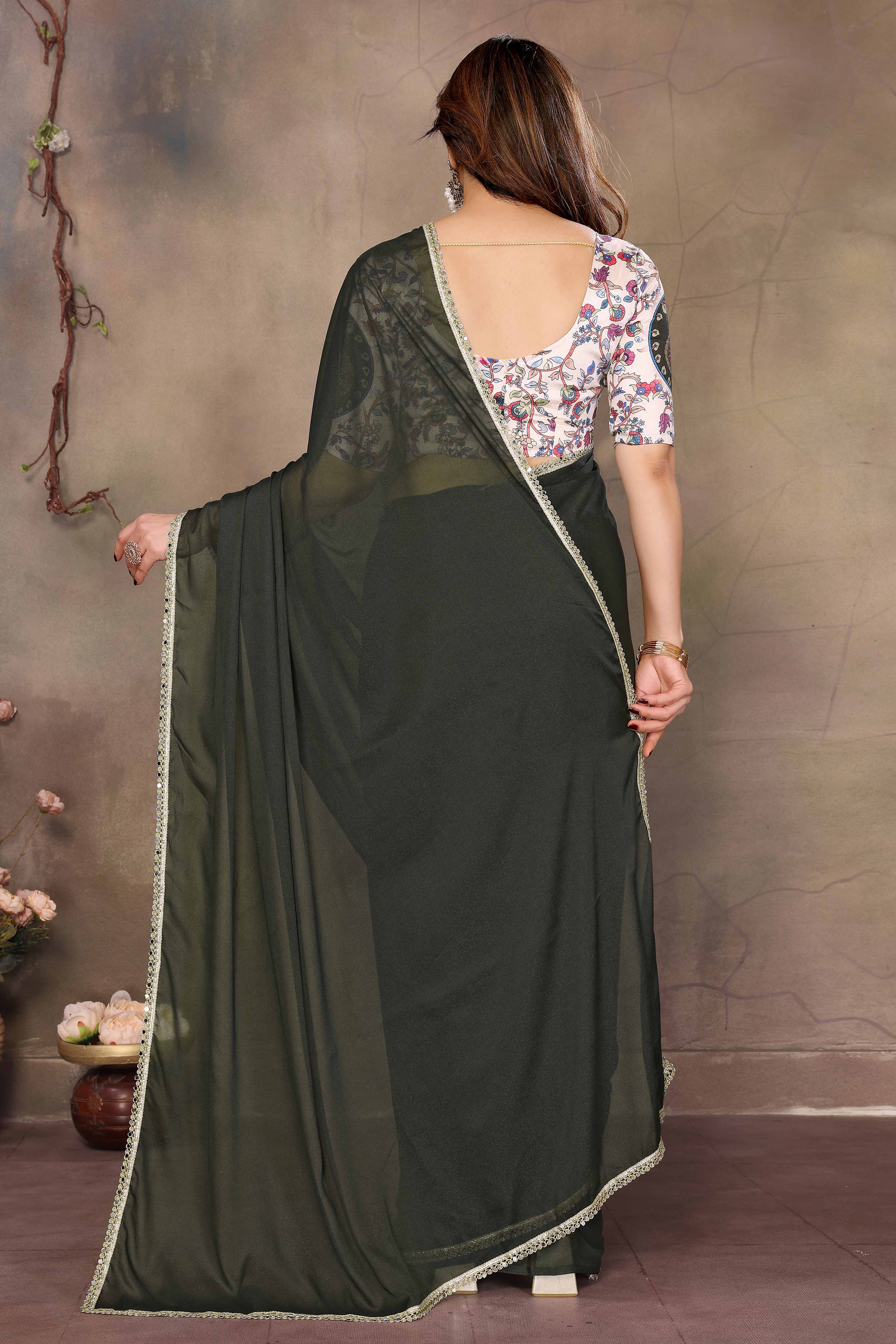 Mehendi Green Solid Sparkling Georgette Saree Enhanced With Shimmering Mirror Border