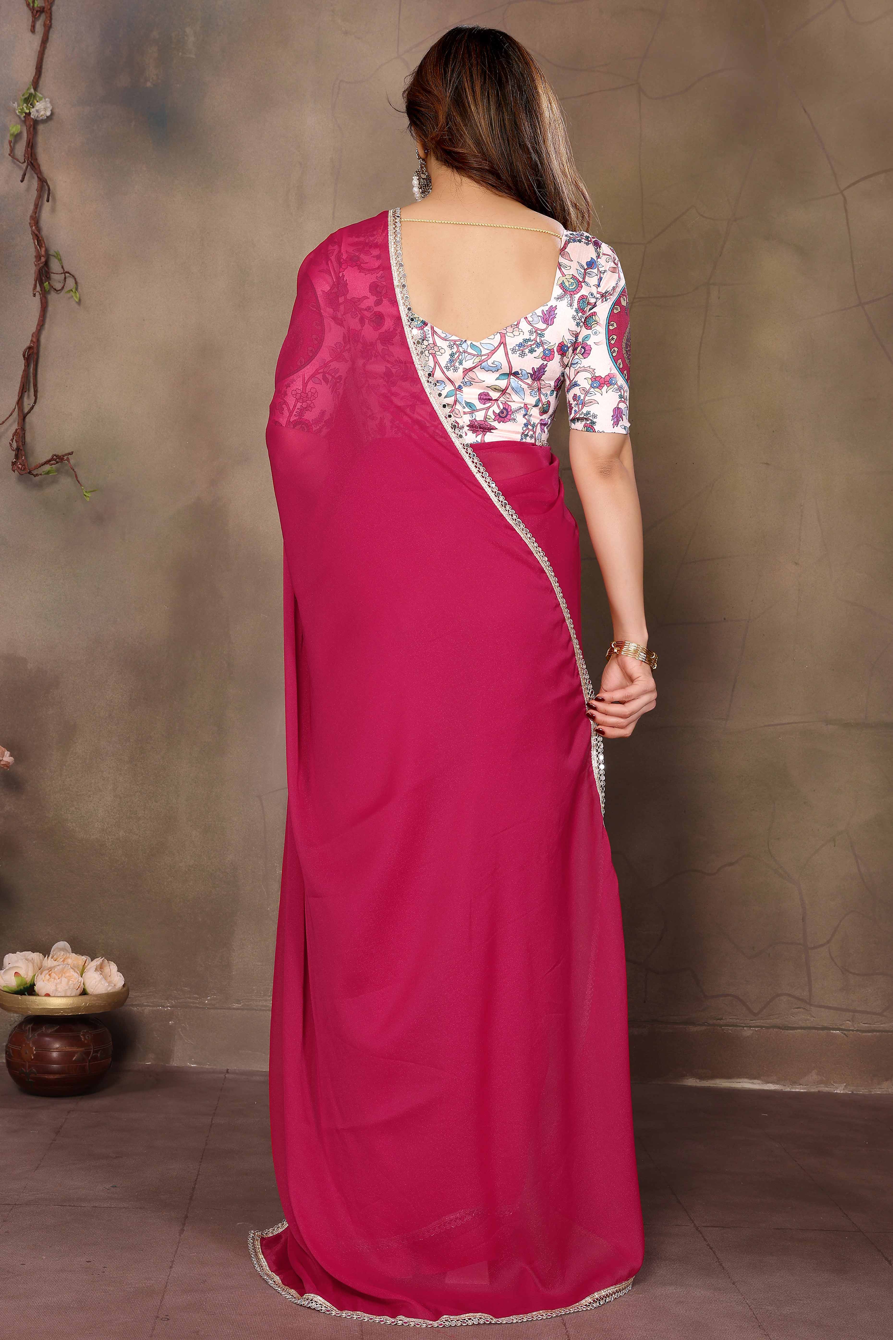 Pink Solid Sparkling Georgette Saree Enhanced With Shimmering Mirror Border