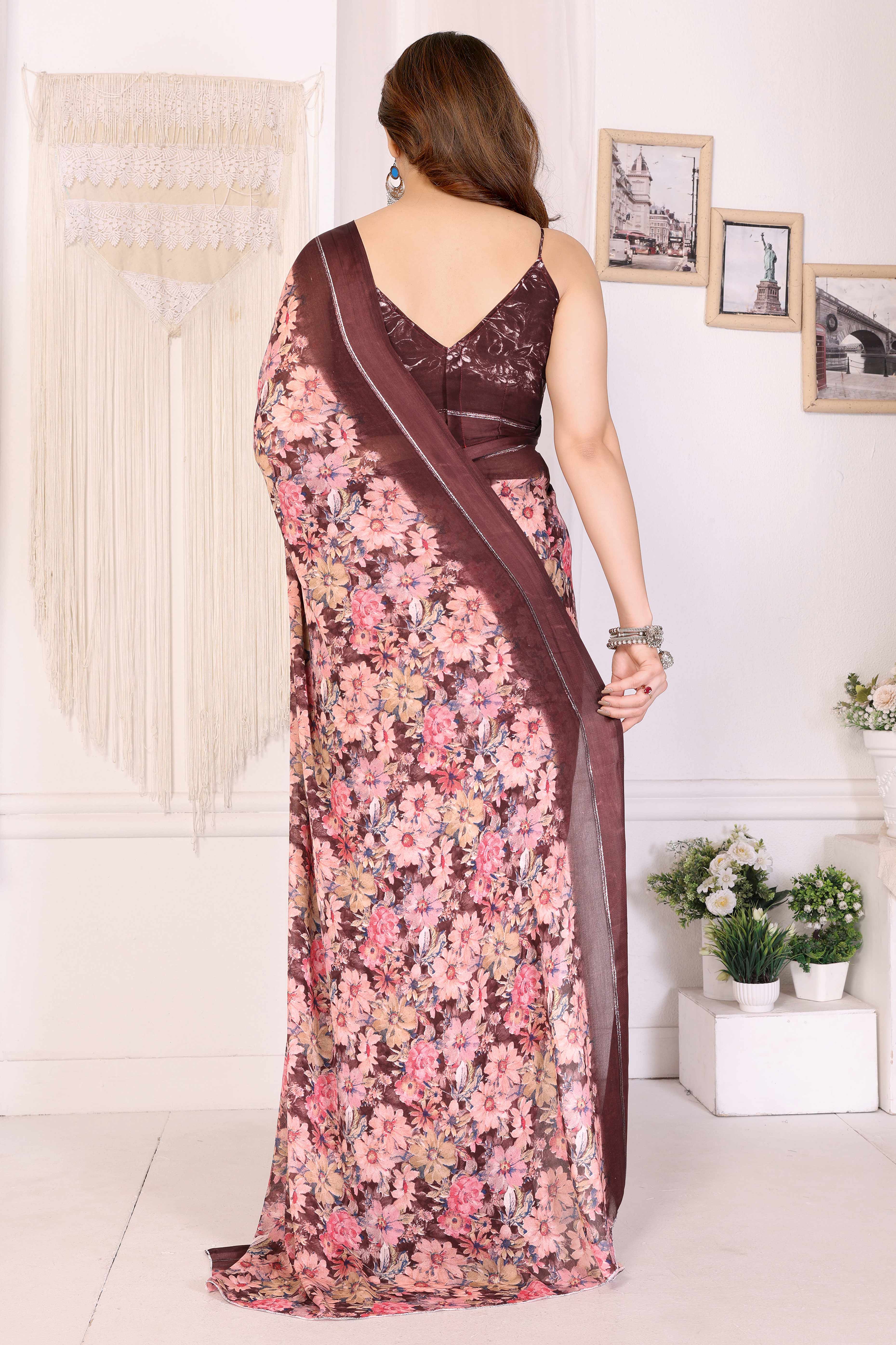 Maroon Moss Satin Saree With Blooming Floral Print Design