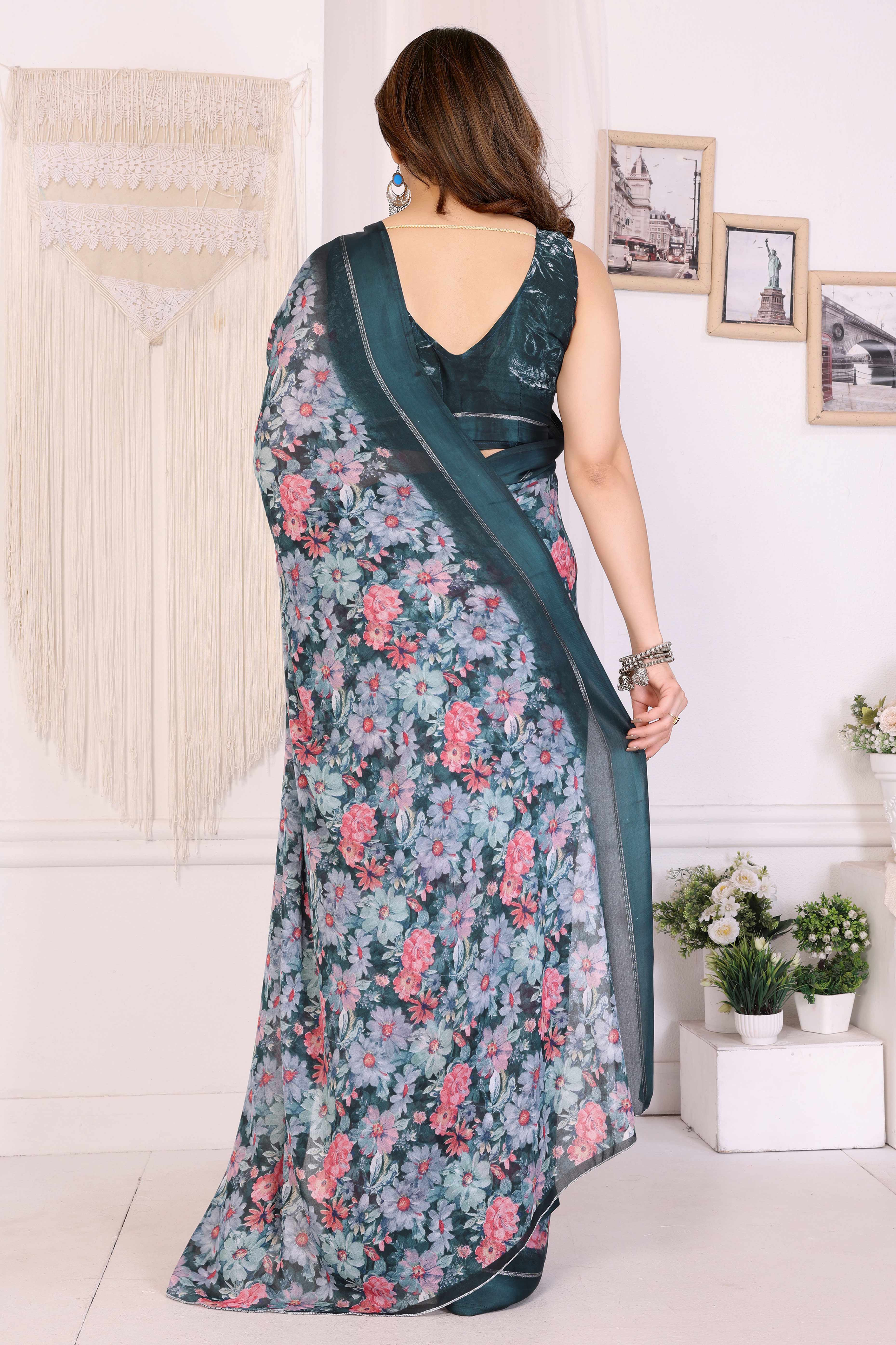 Teal Moss Satin Saree With Blooming Floral Print Design