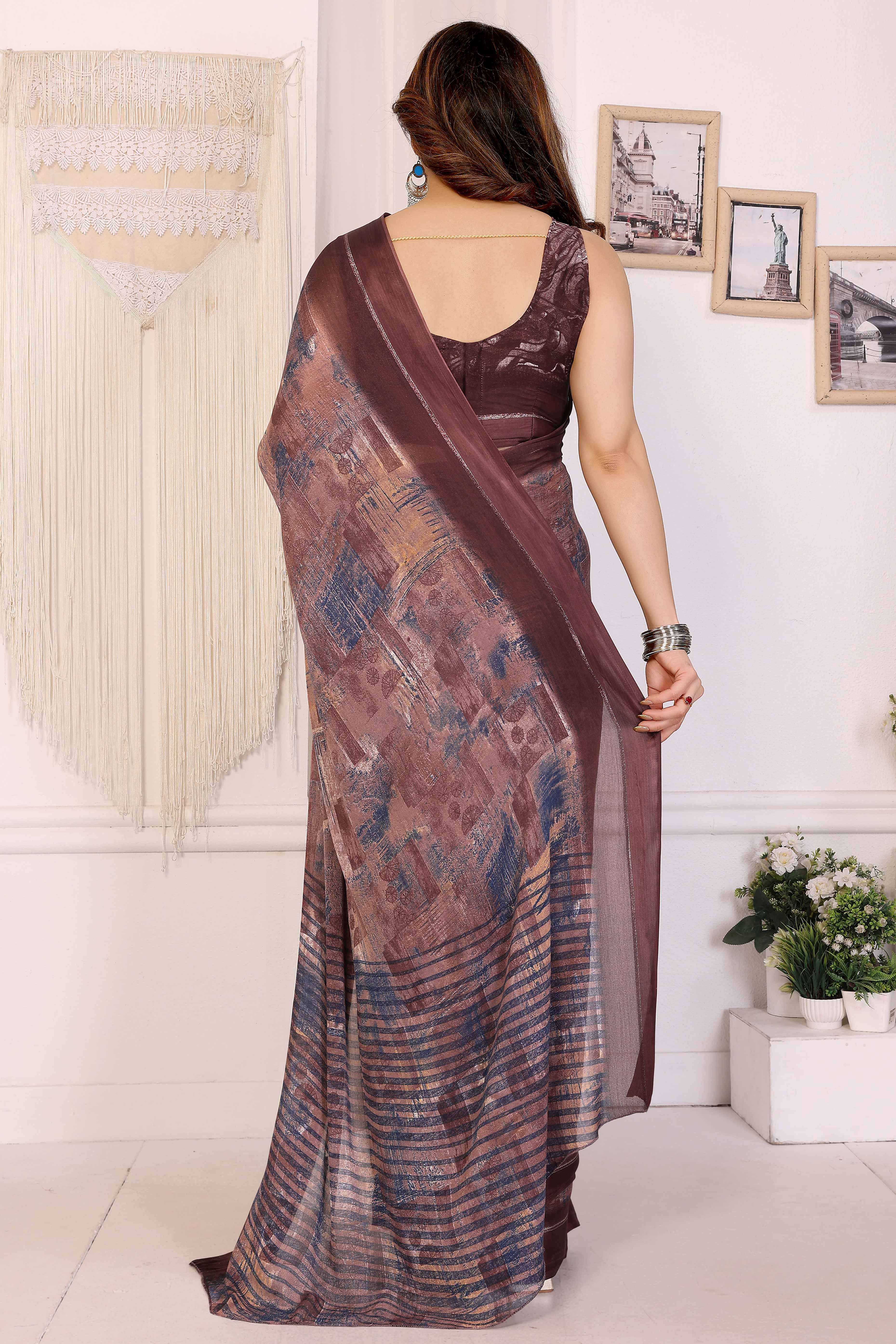 Trendy Brown Saree in Moss Satin with Floral Print Detailing