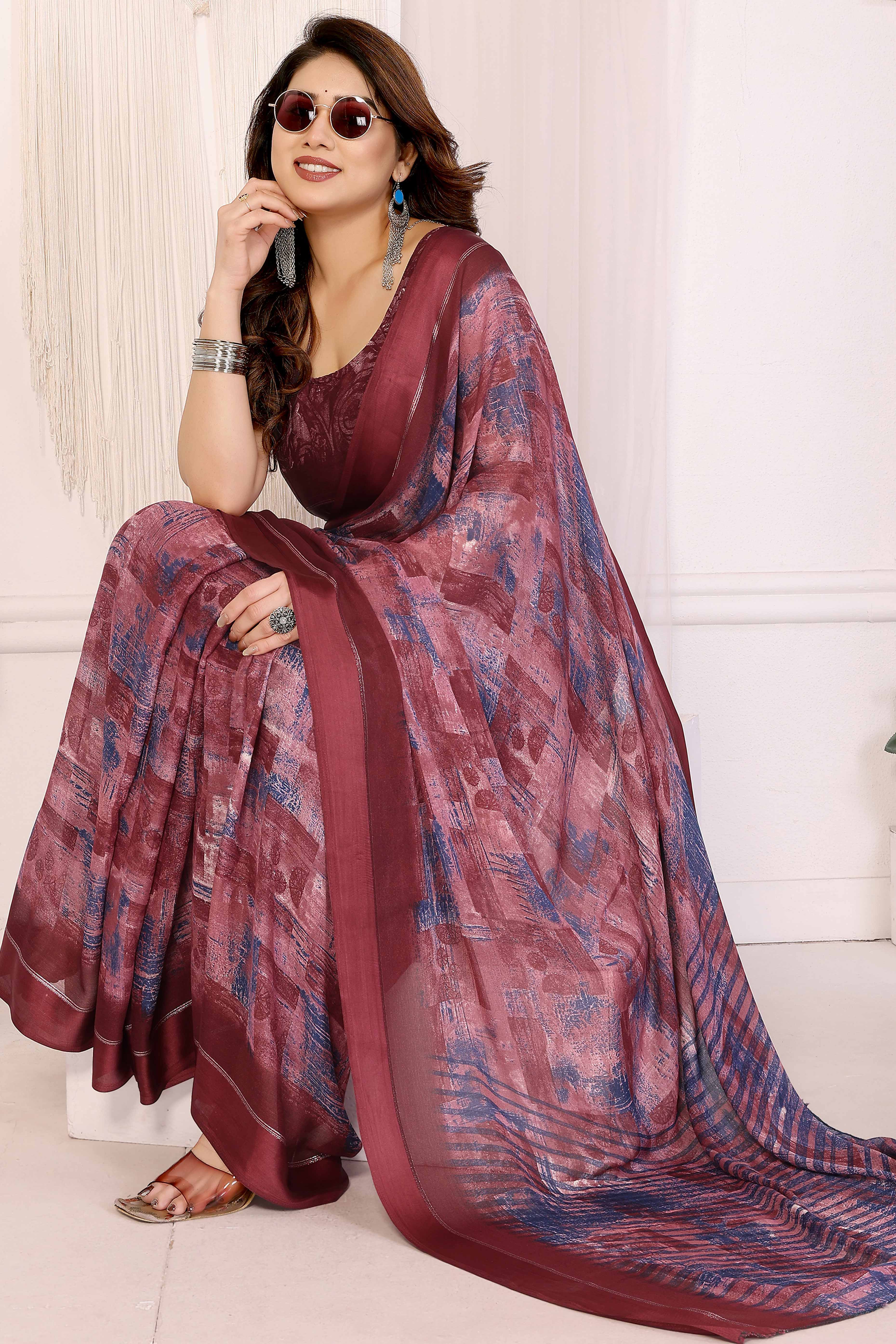 Trendy Maroon Saree in Moss Satin with Floral Print Detailing