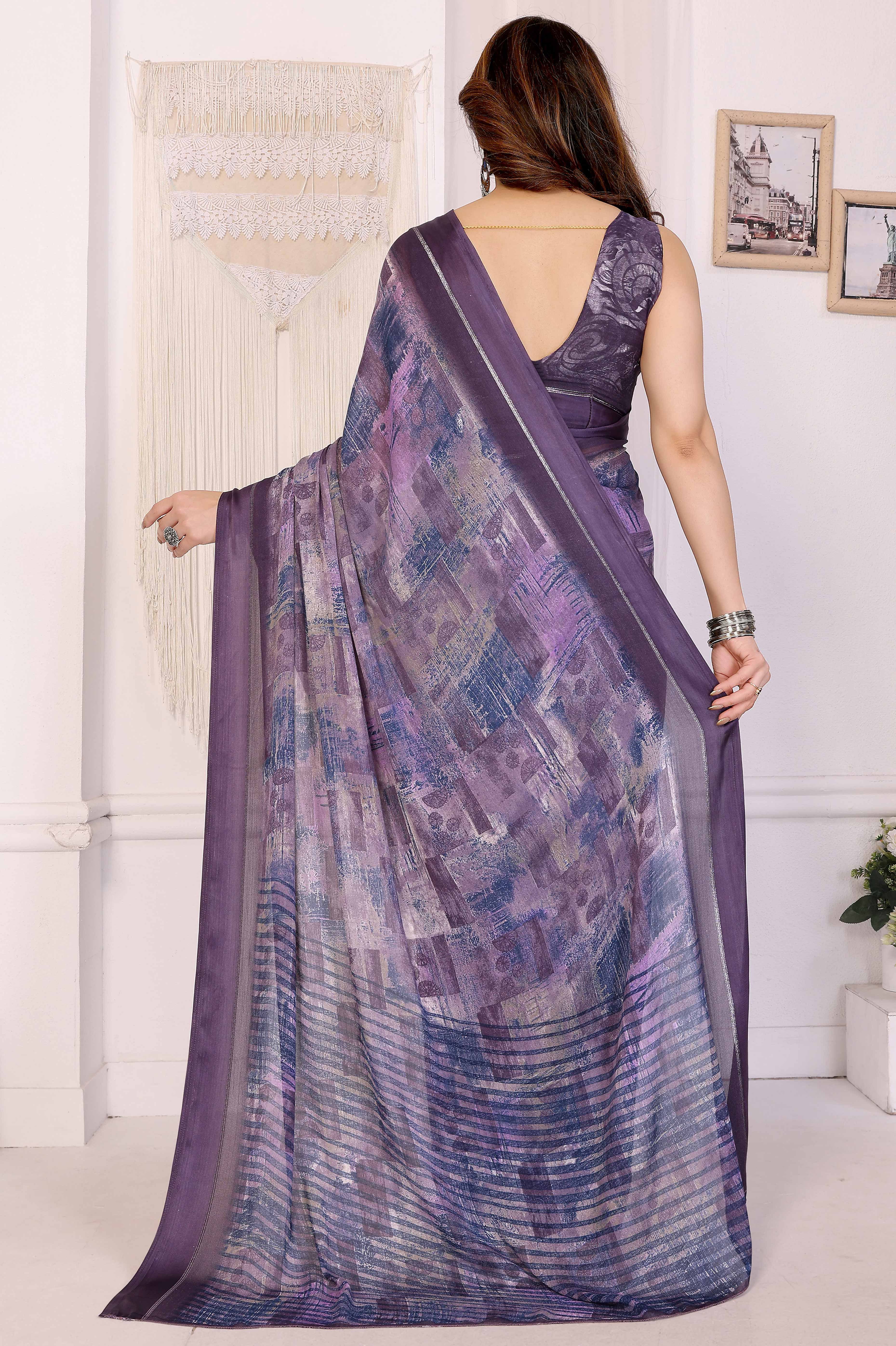 Trendy Purple Saree in Moss Satin with Floral Print Detailing