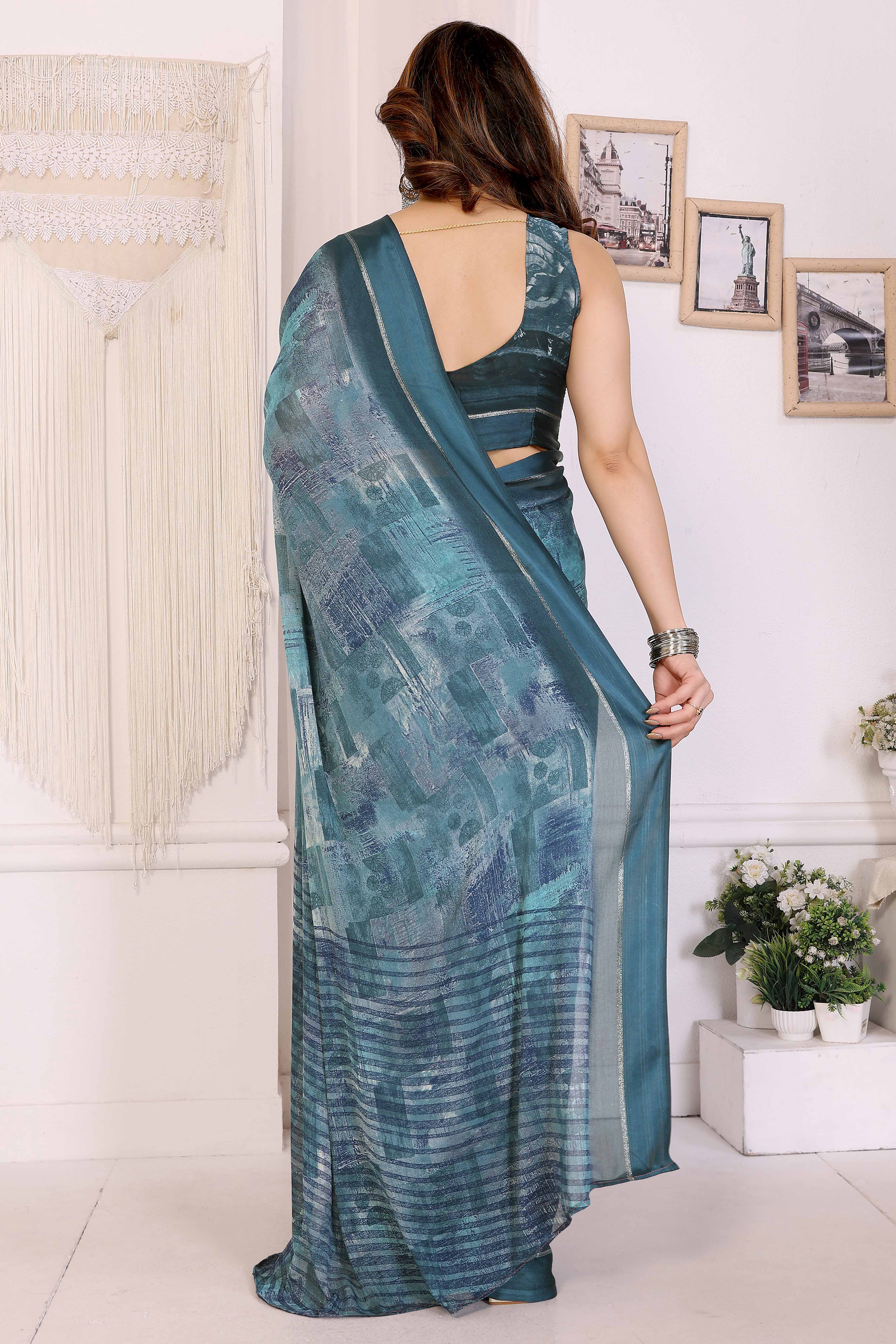 Trendy Teal Saree in Moss Satin with Floral Print Detailing