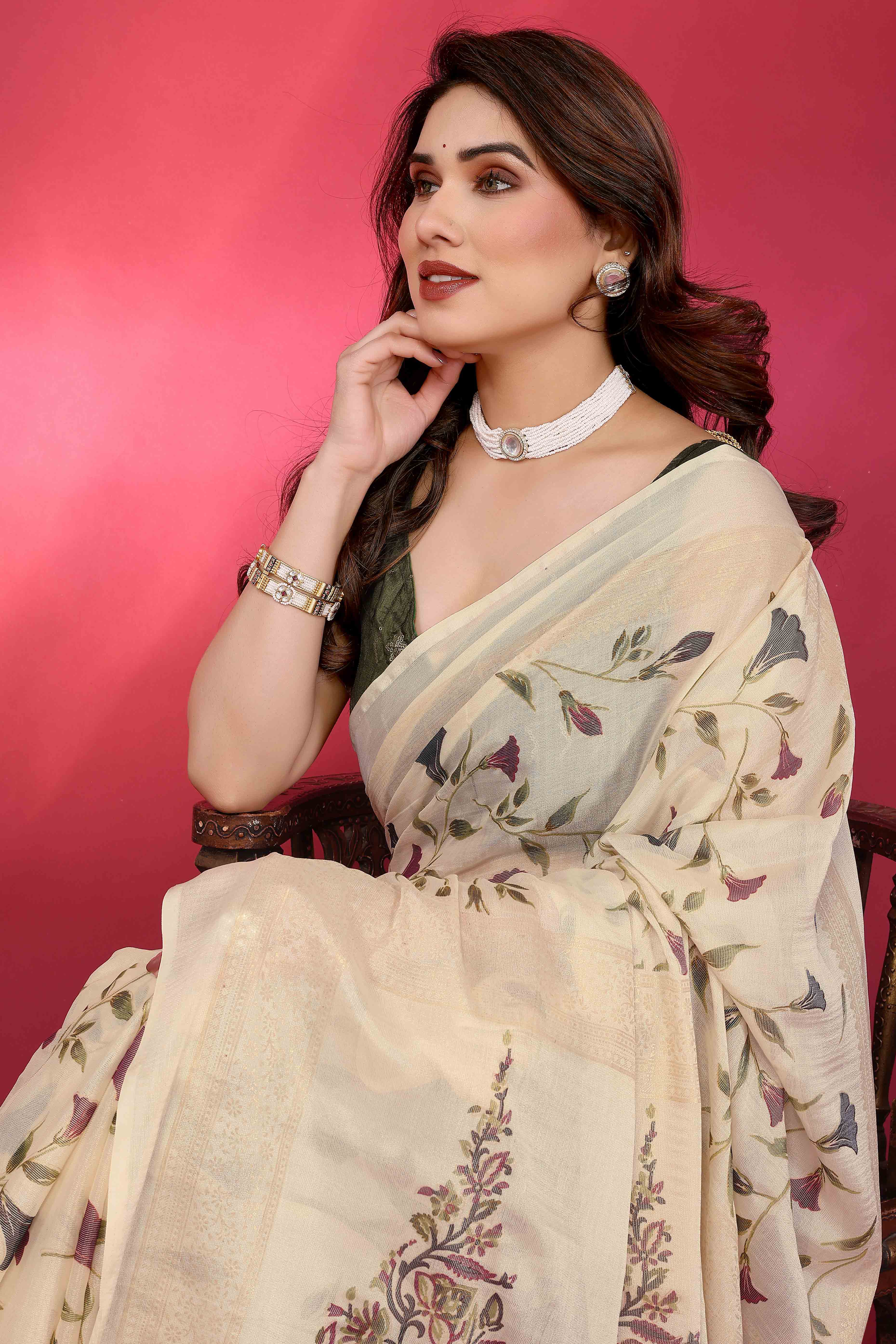 Ethereal Cream Brasso Chiffon Saree with Delicate Floral Foil Print