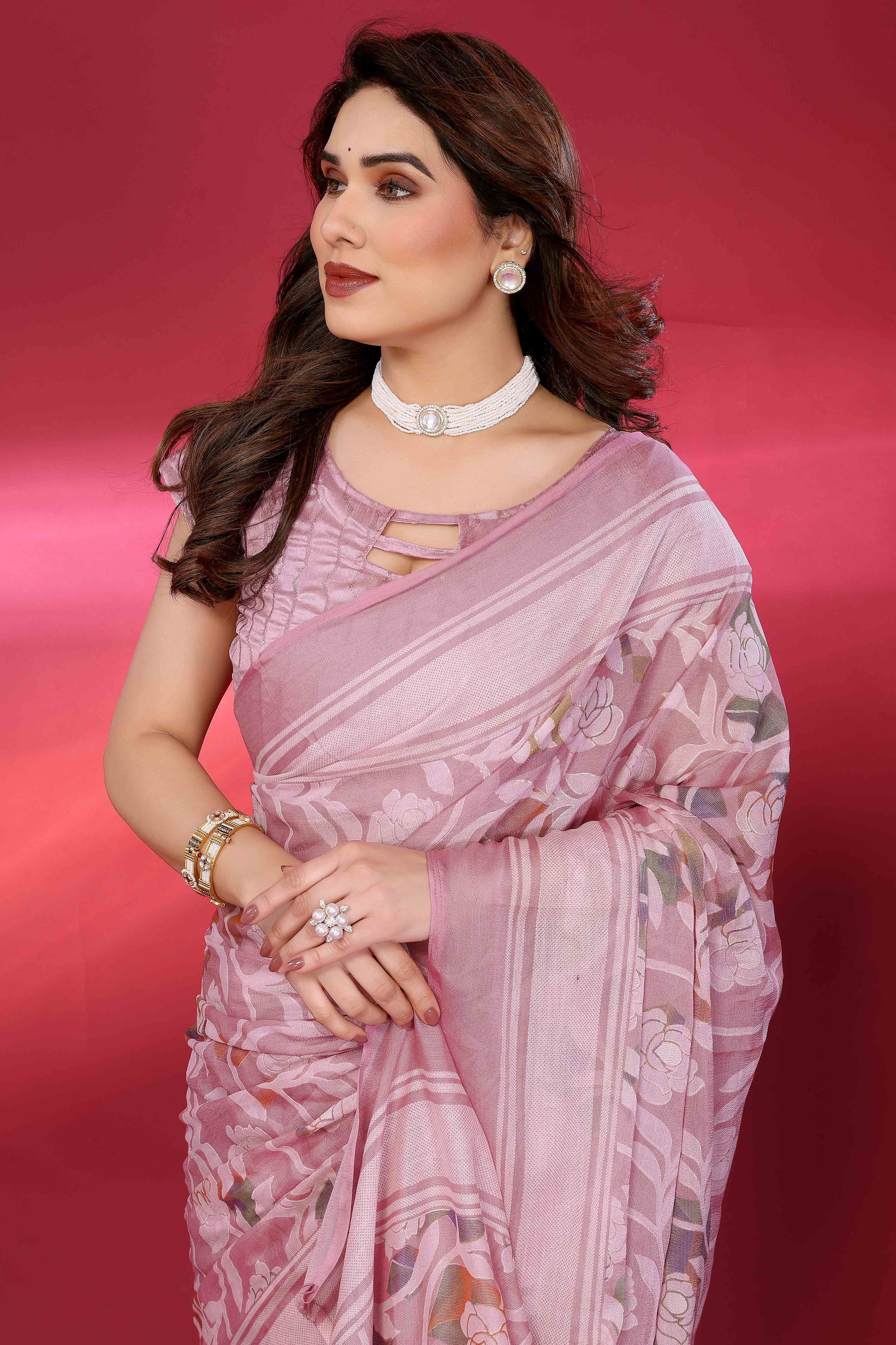 Charming Pink Brasso Chiffon Saree with Elegant Floral Foil Print
