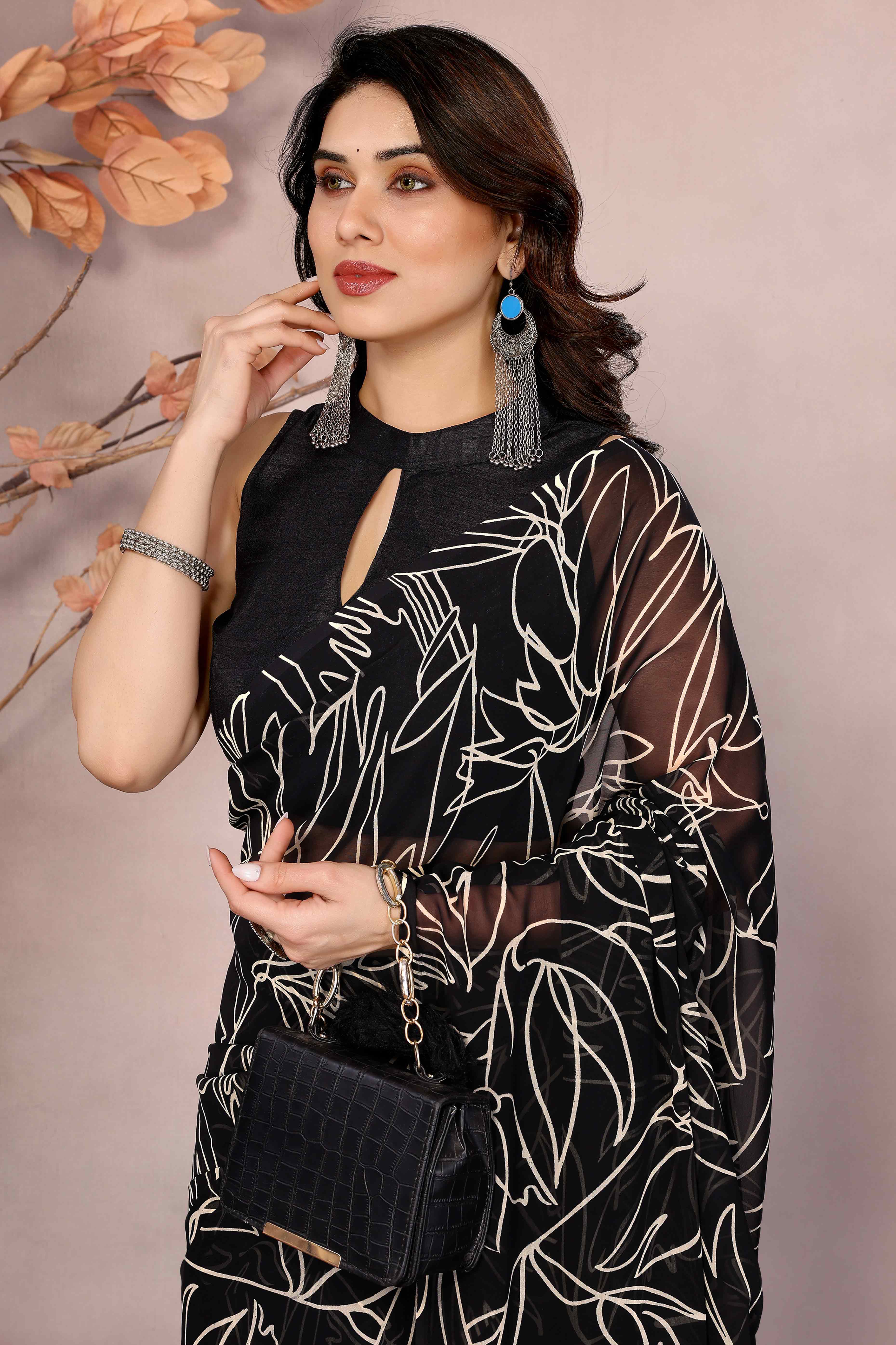 Black Floral Printed Georgette Ready Made Saree With Tassels