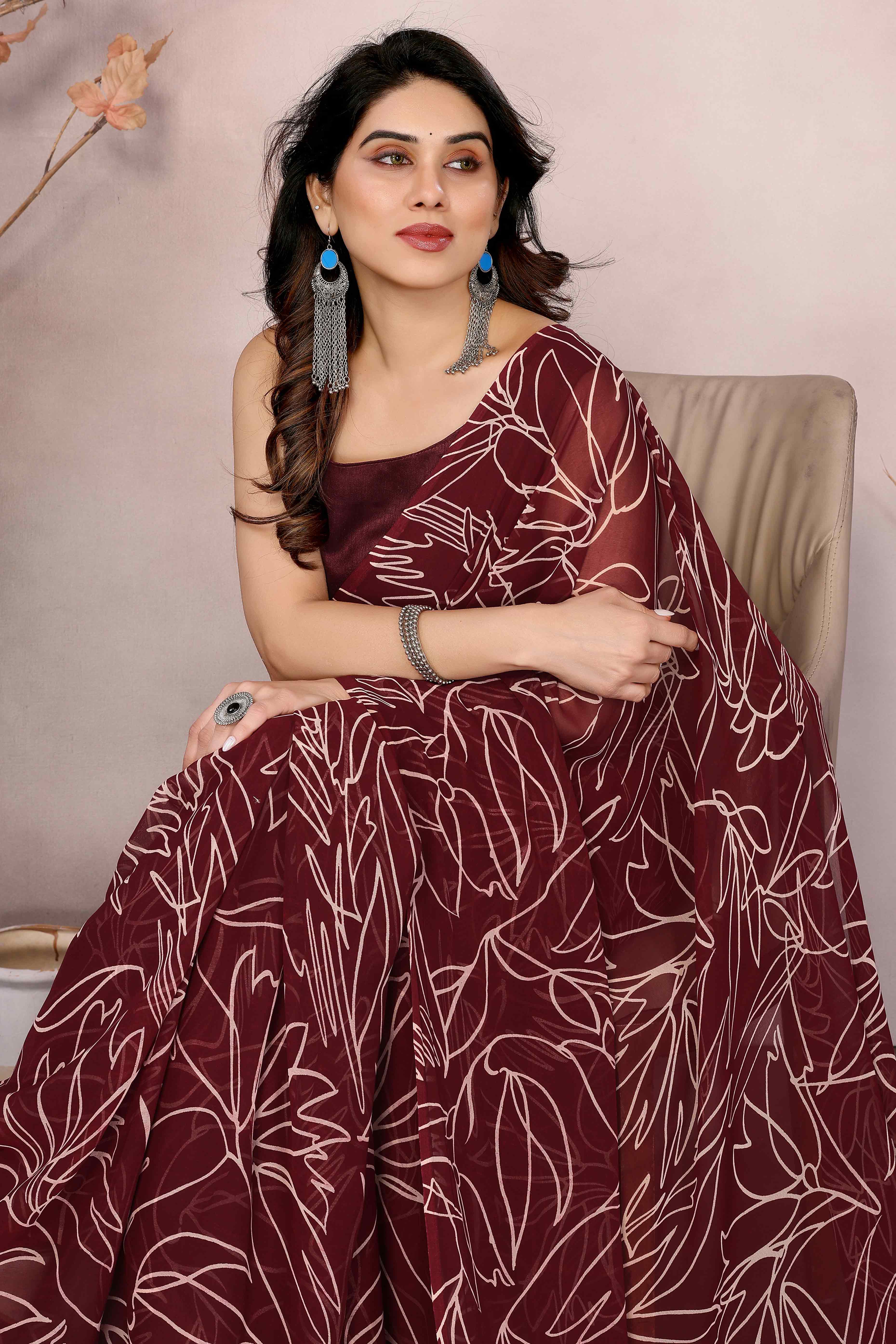 Maroon Floral Printed Georgette Ready Made Saree With Tassels