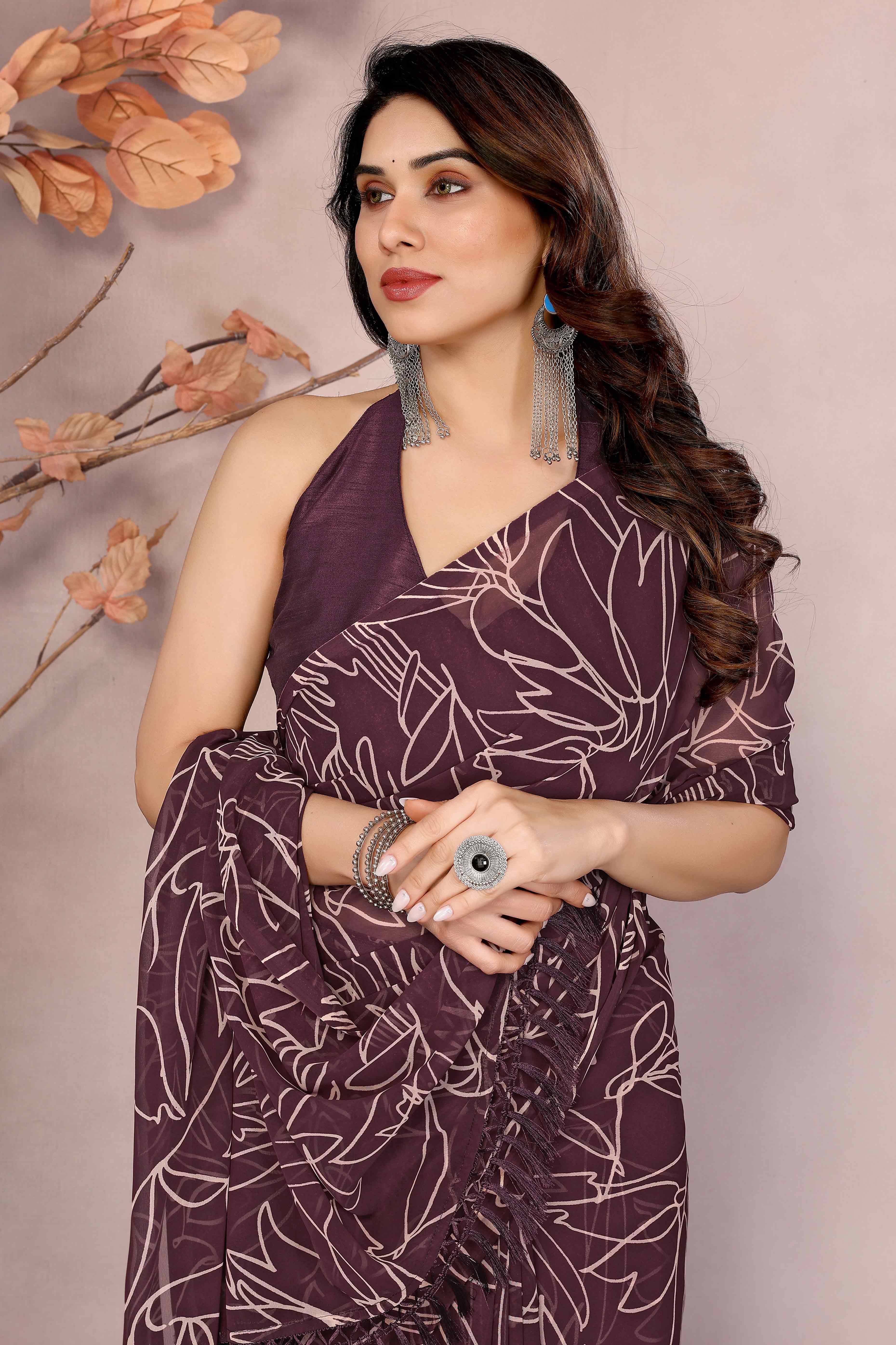 Wine Floral Printed Georgette Ready Made Saree With Tassels