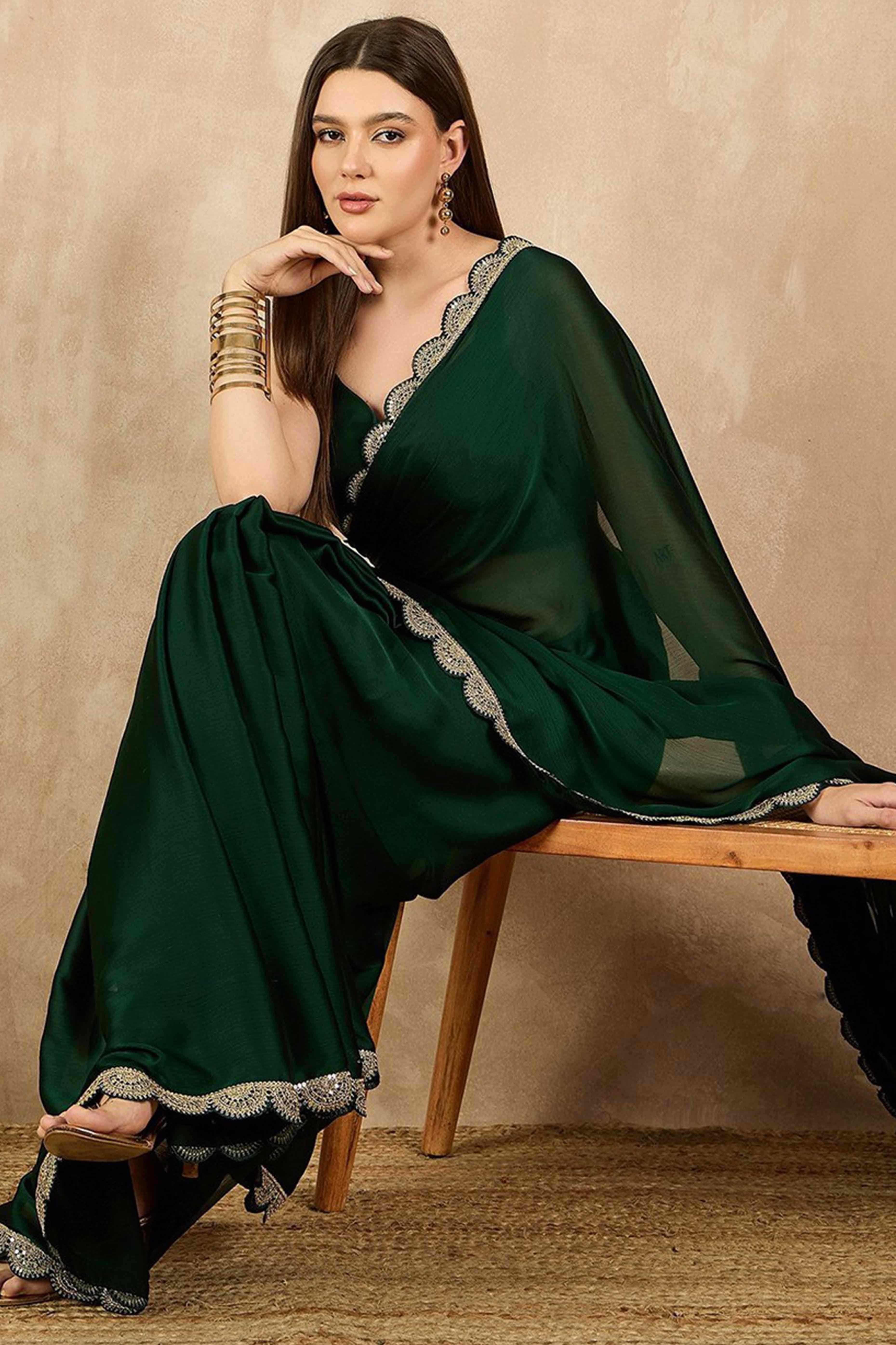 Green Solid Chiffon Saree With Sequins Embroidered Border