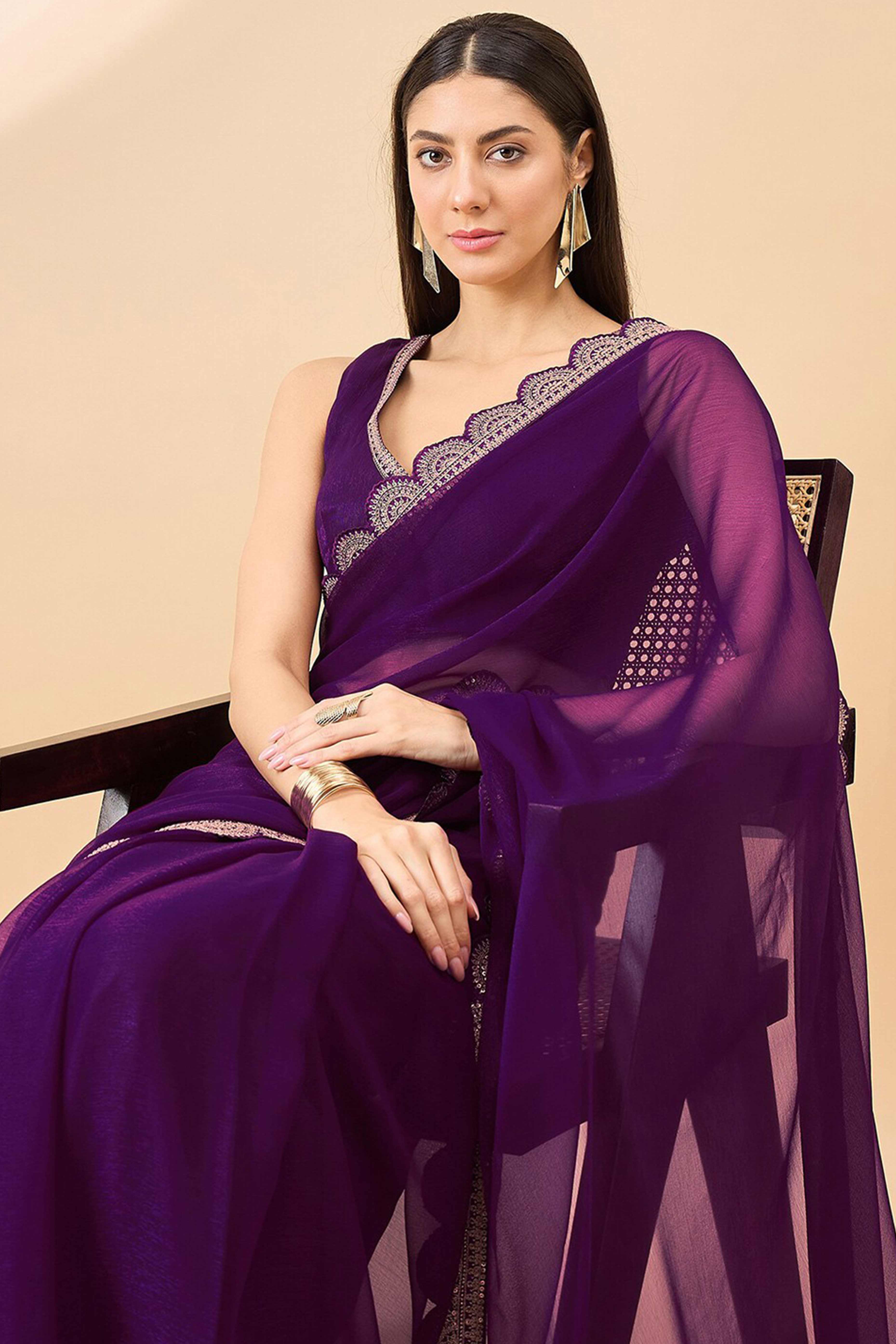 Purple Solid Chiffon Saree With Sequins Embroidered Border