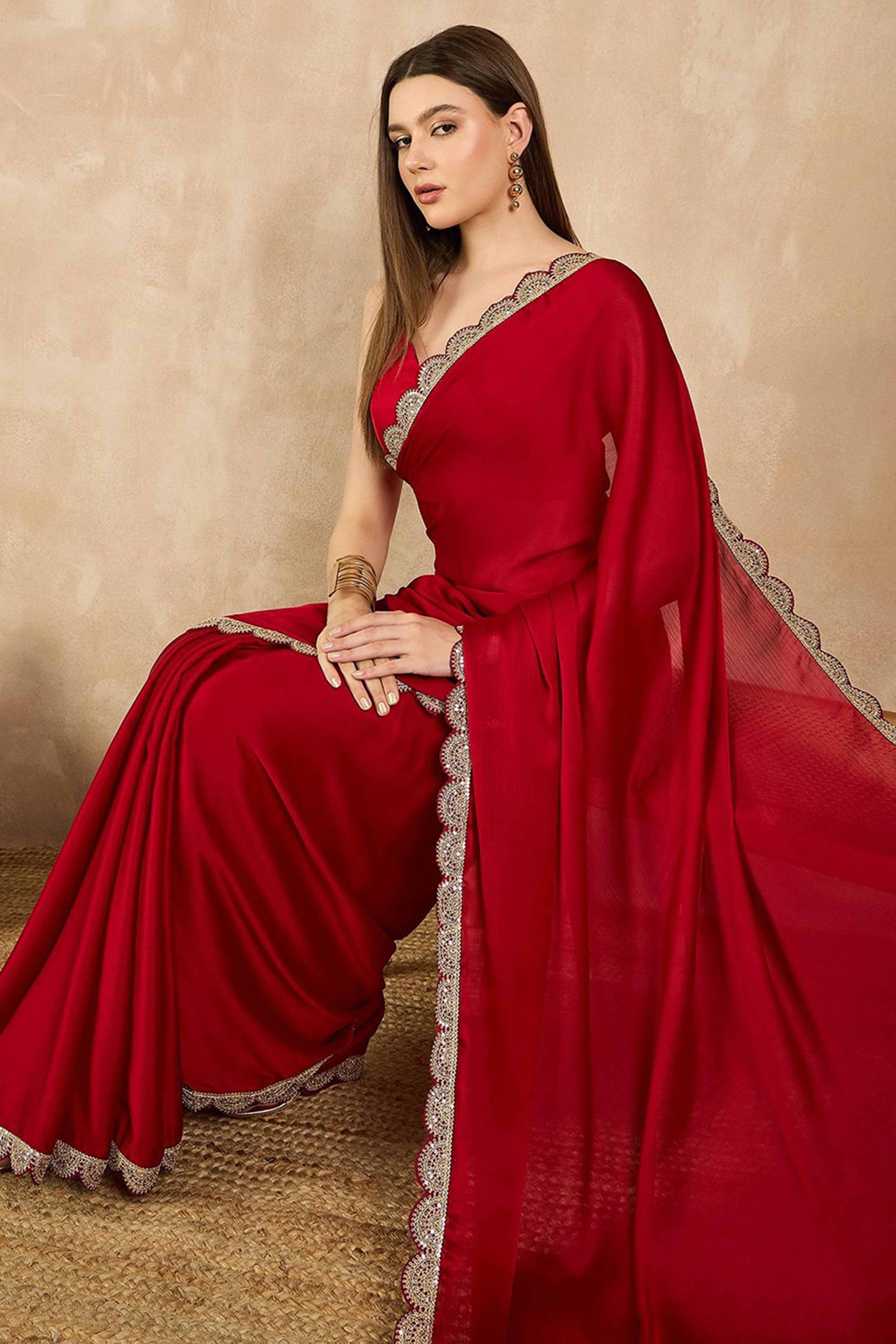 Red Solid Chiffon Saree With Sequins Embroidered Border