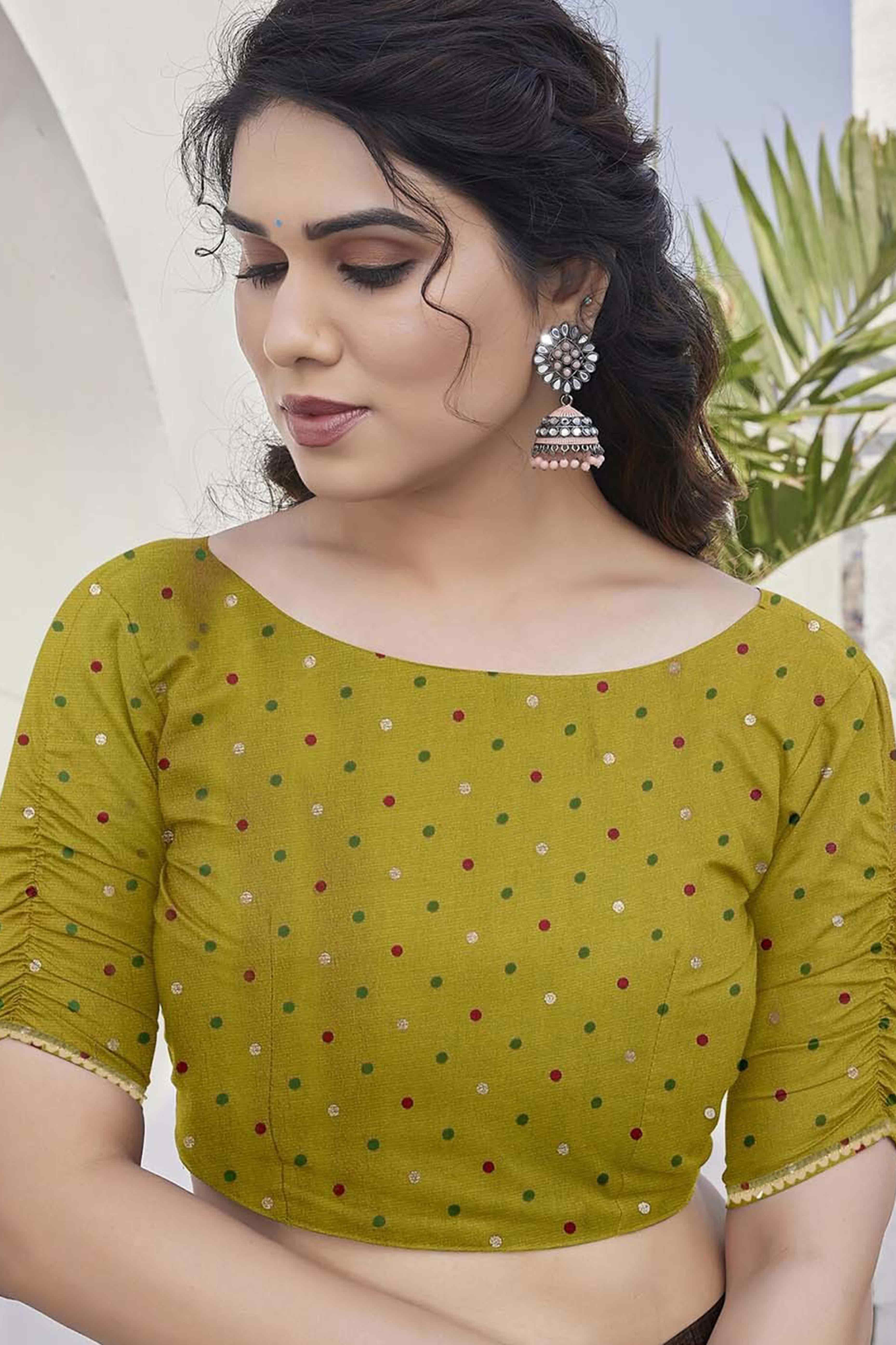 Olive Zig Zag Foil Printed Chiffon Saree