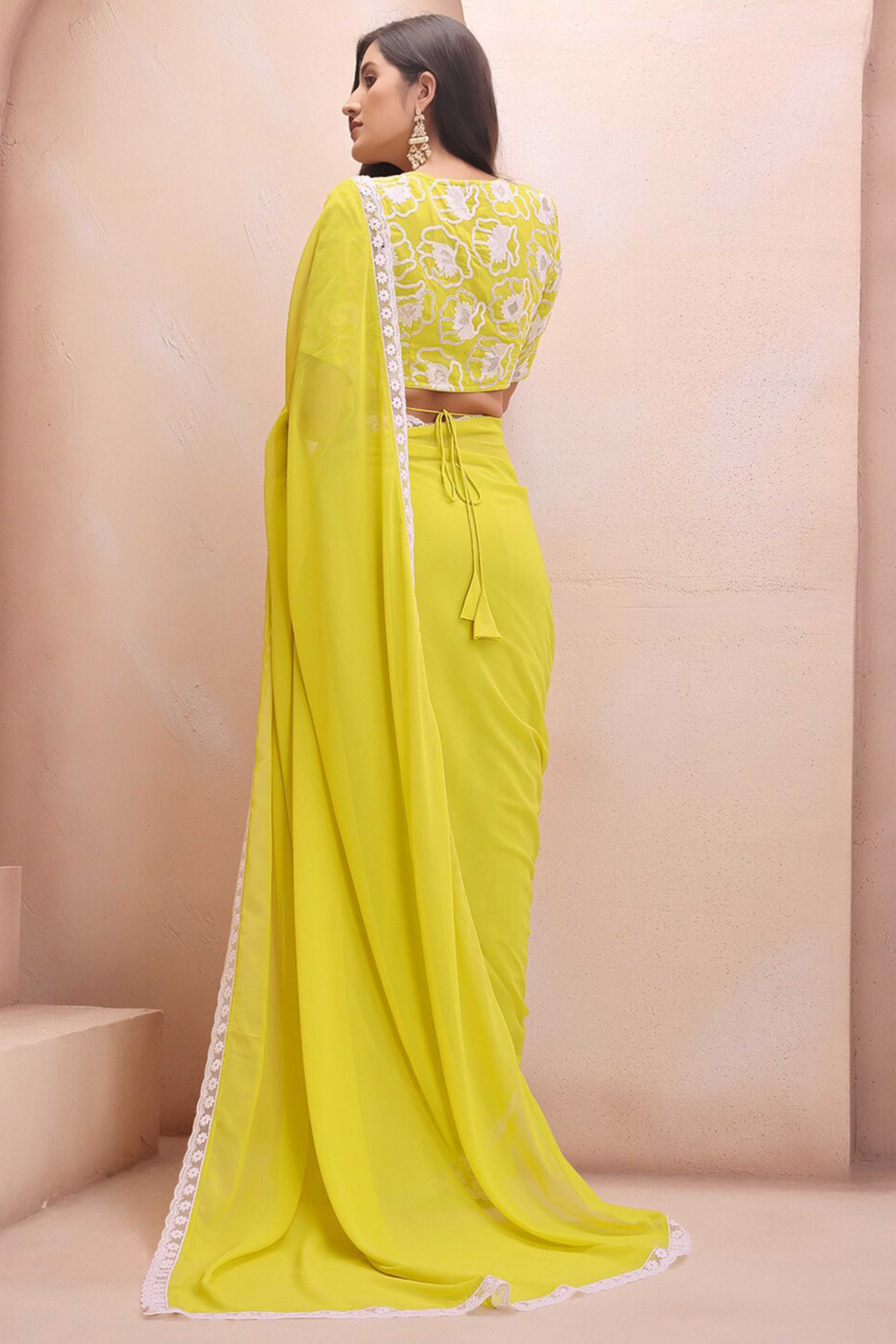 Lemon Yellow Solid Georgette Saree With Embroidered Border