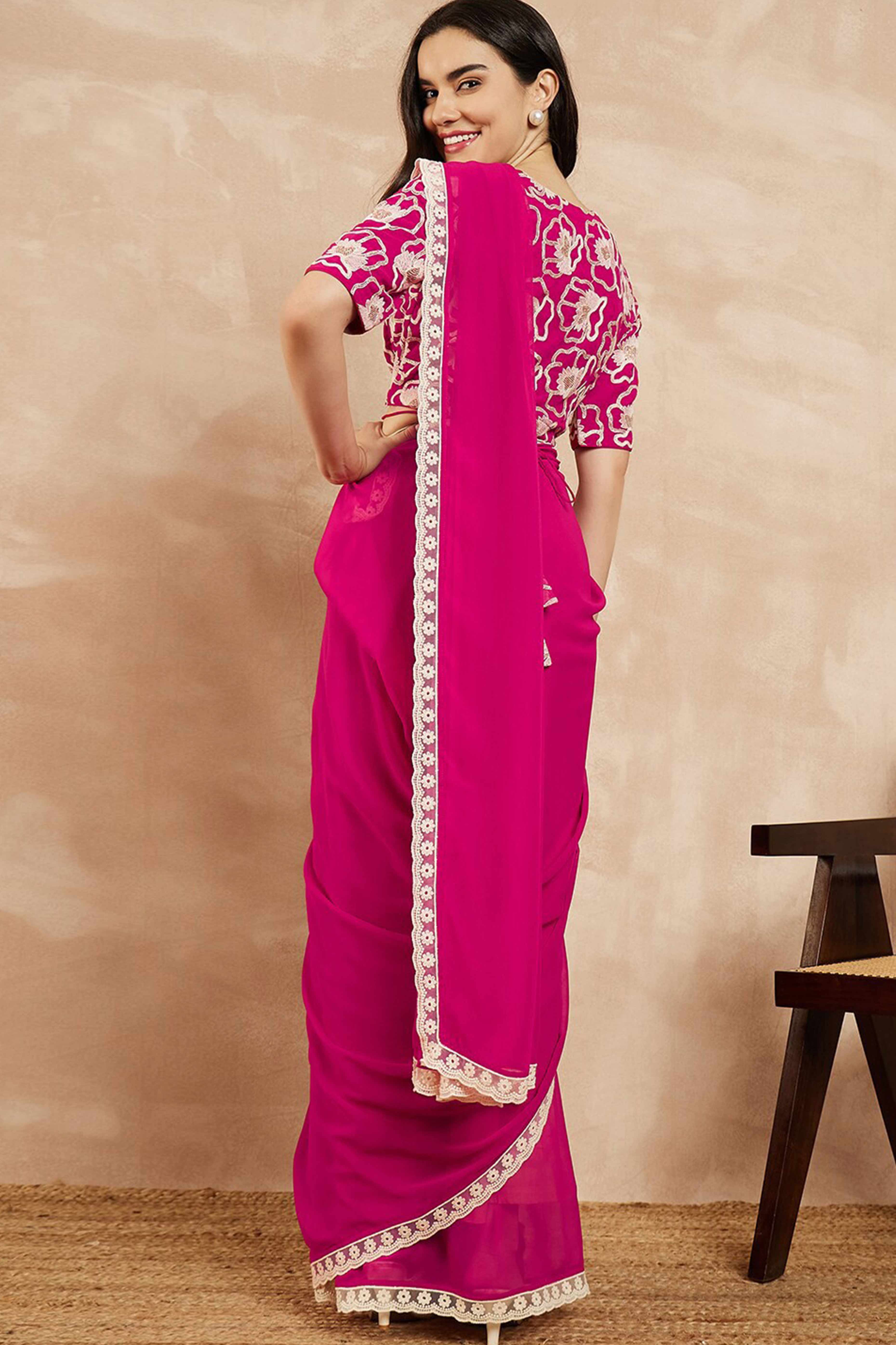 Pink Solid Georgette Saree With Embroidered Border