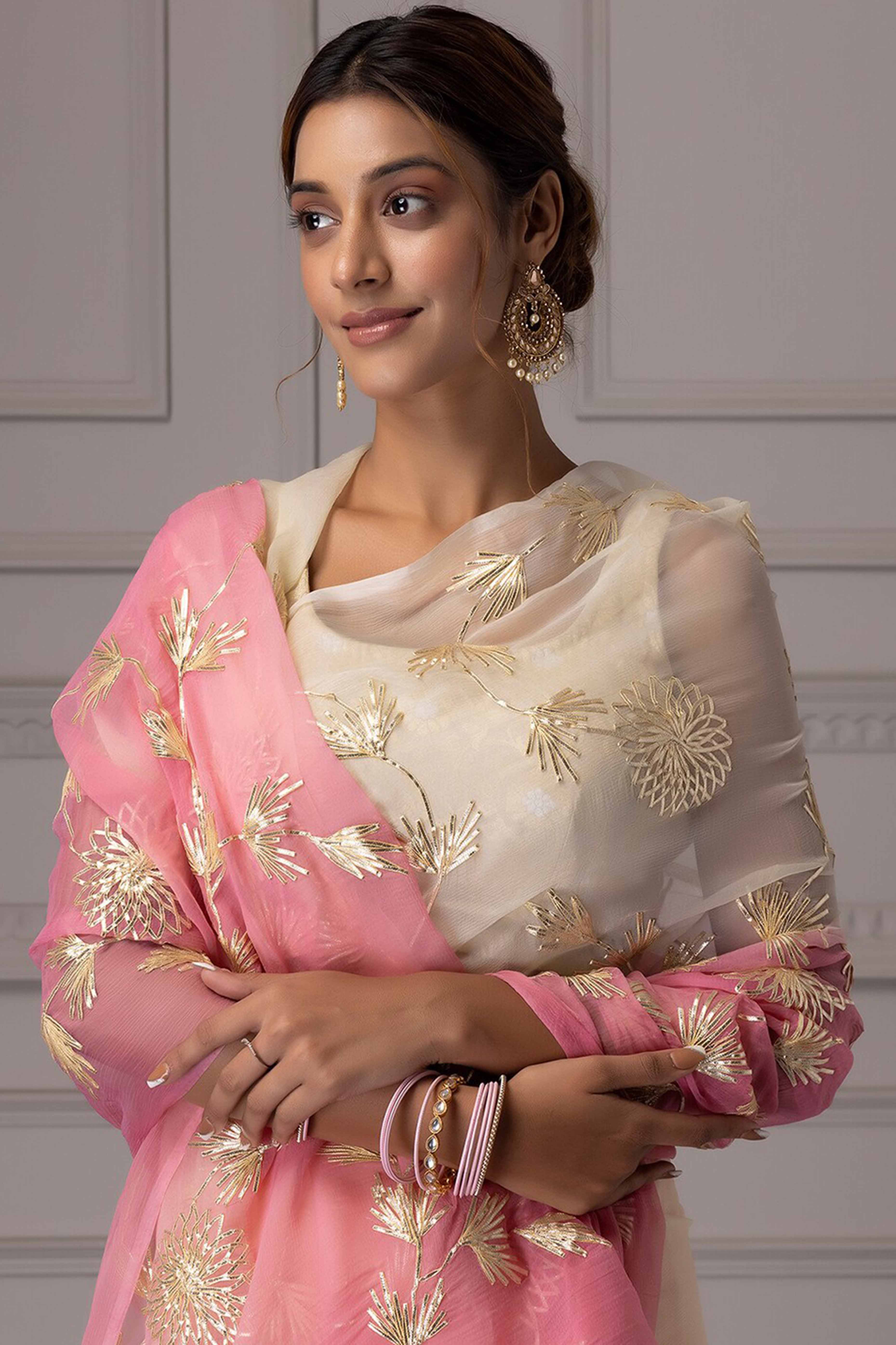 Pink & Cream Floral Gota Patti Work Organza Silk Half & Half Saree