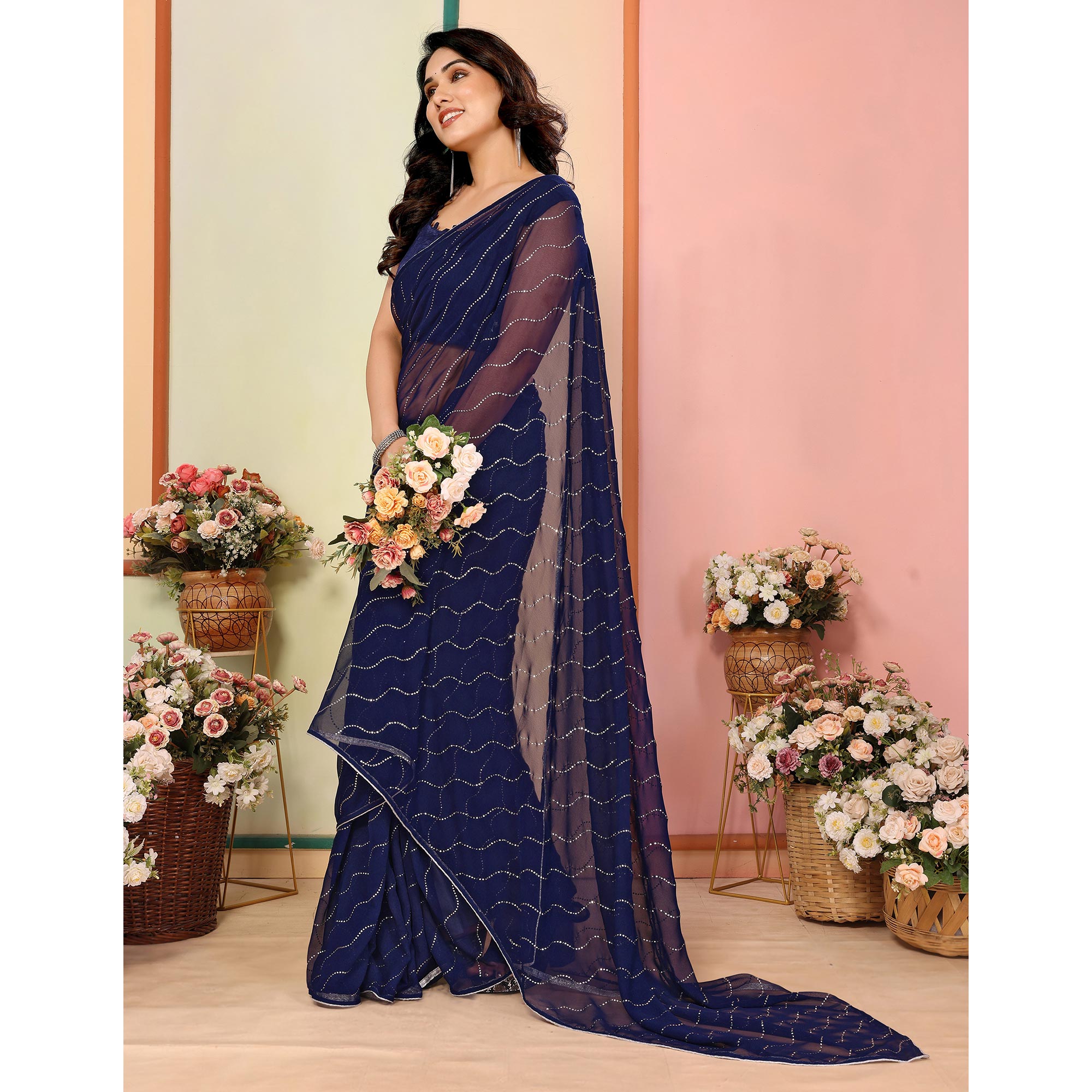 Navy Blue Swarovski Work Embroidered Georgette Saree