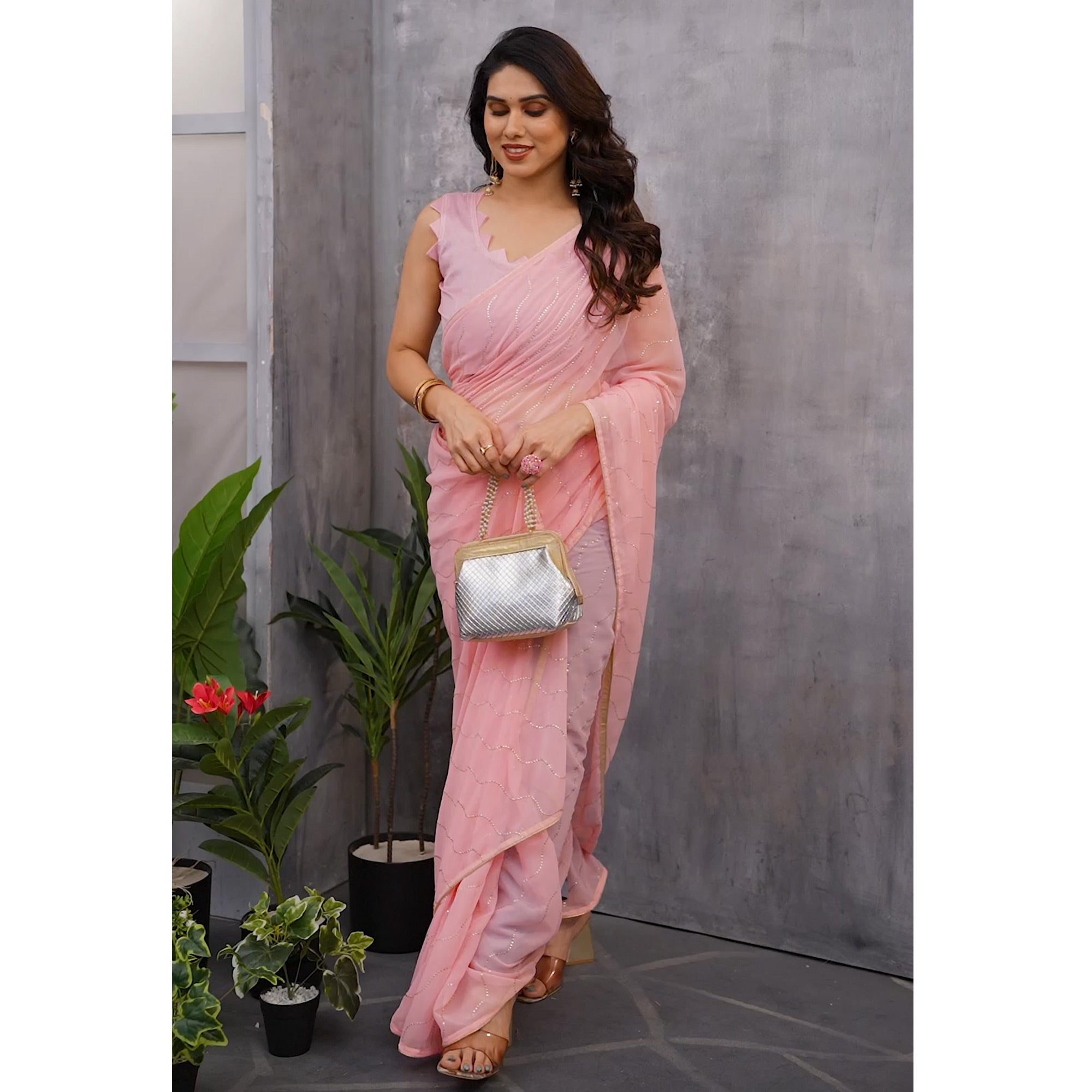 Rose Pink Swarovski Work Embroidered Georgette Saree