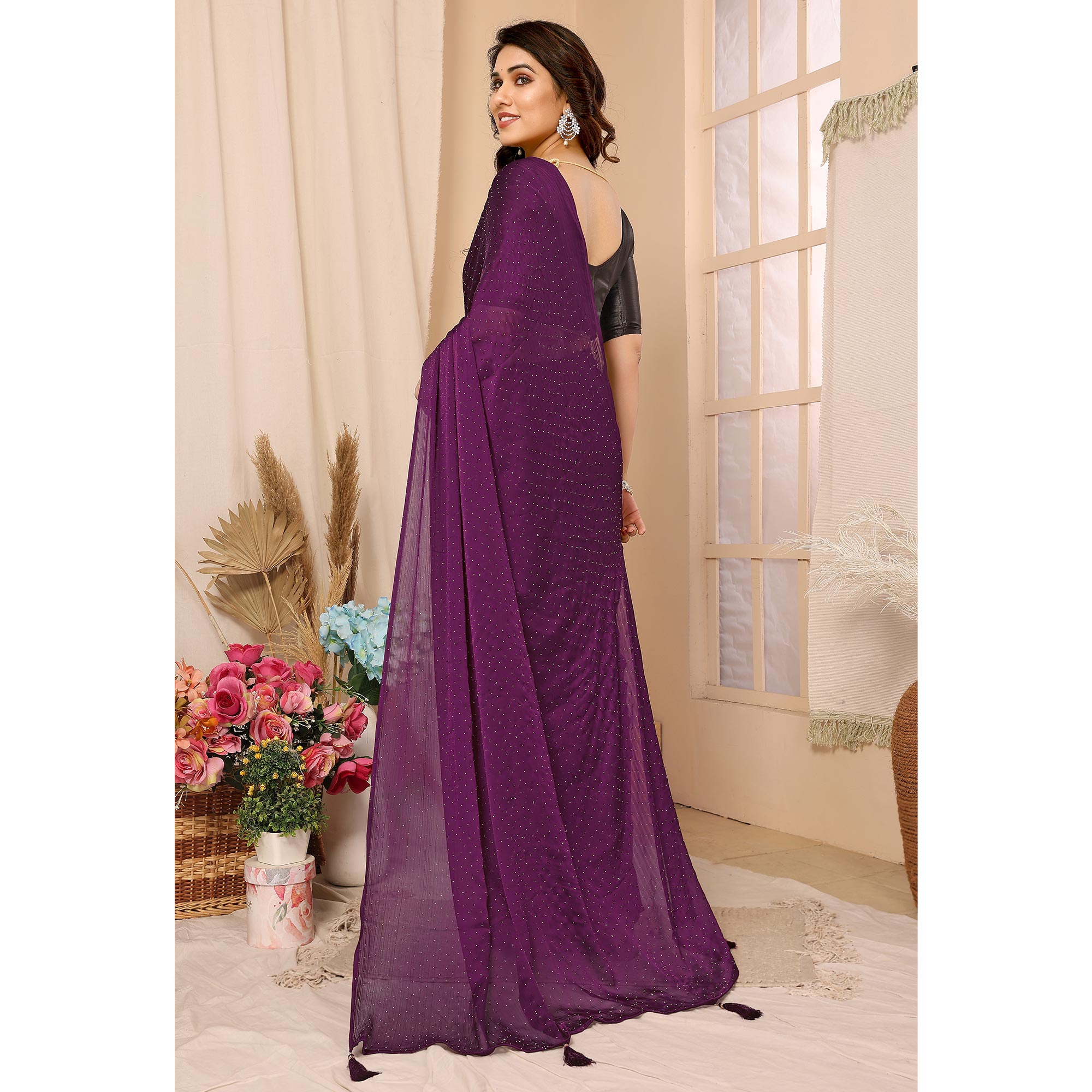 Purple Swarovski Work Satin Chiffon Saree With Tassels