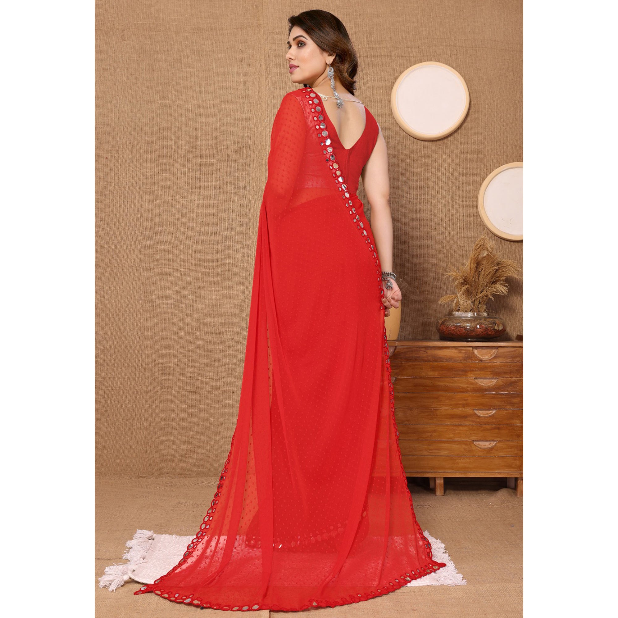 Red Embroidered Butti Work Georgette Saree
