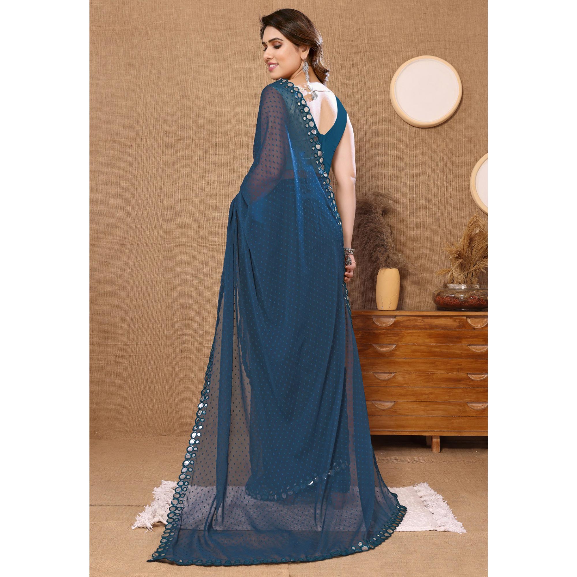 Teal Blue Embroidered Butti Work Georgette Saree