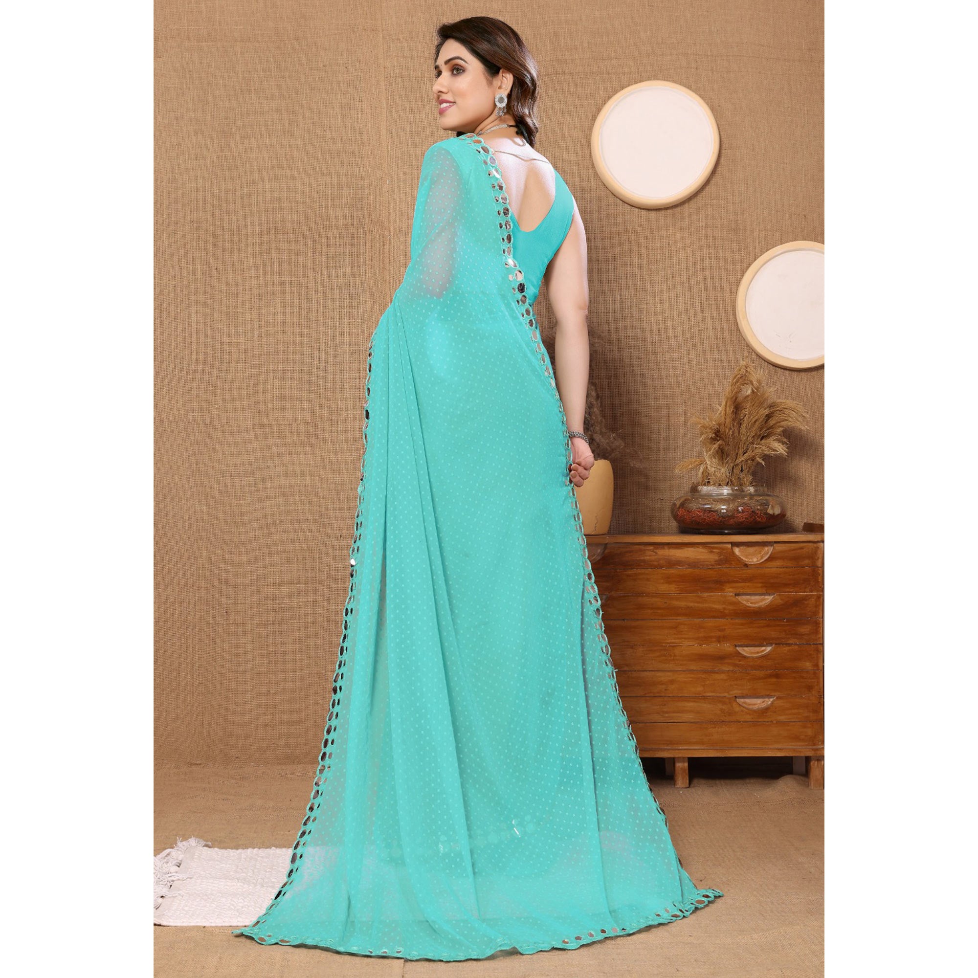 Turquoise Embroidered Butti Work Georgette Saree