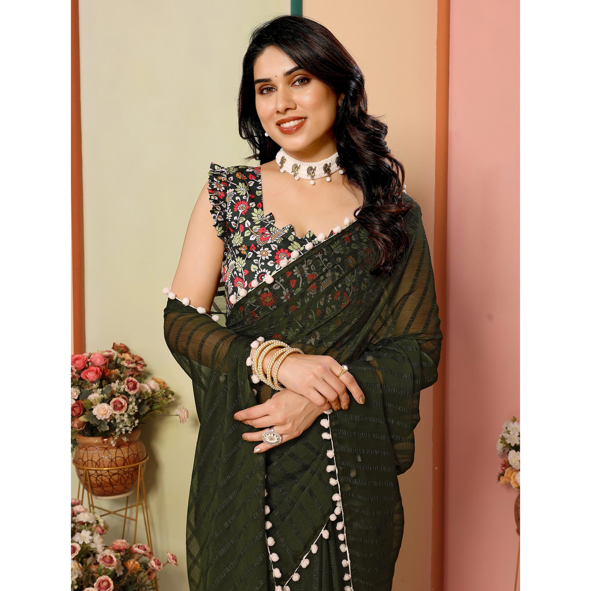 Mehandi Green Woven Striped Pattern Georgette Saree