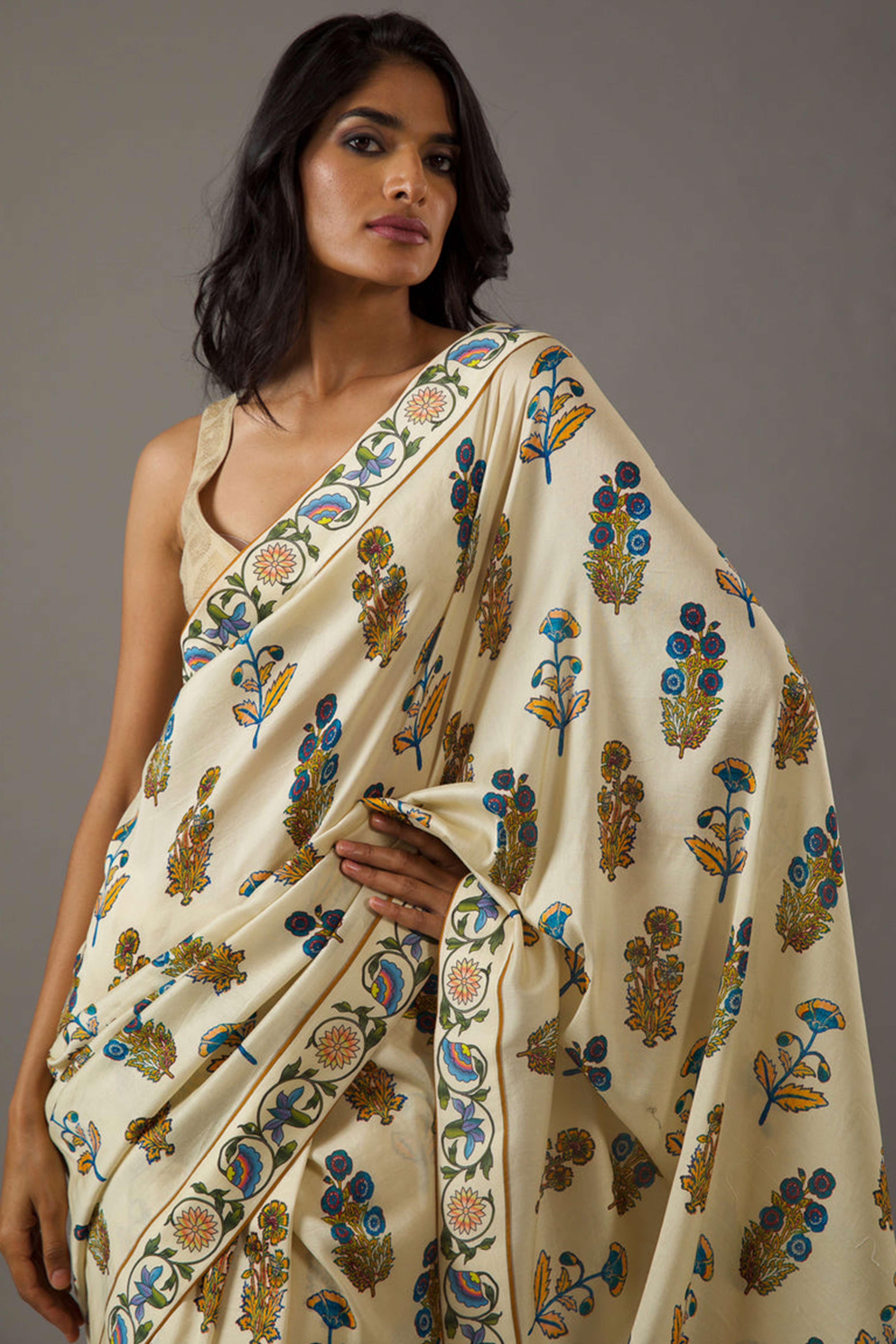 Beige Floral Digital Printed Moss Satin Saree