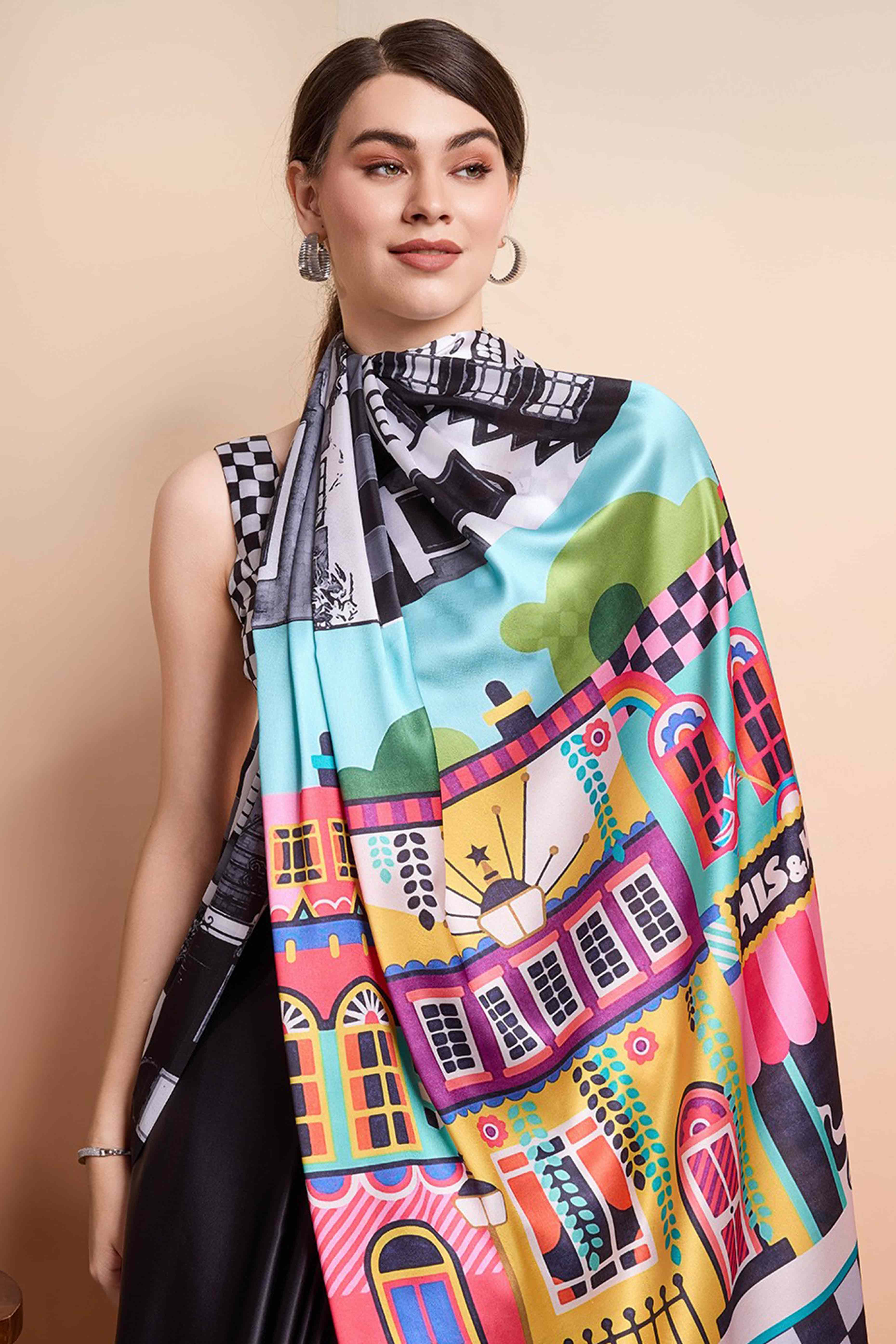 Black Moss Satin Saree With Exquisite Digital Print Artistry