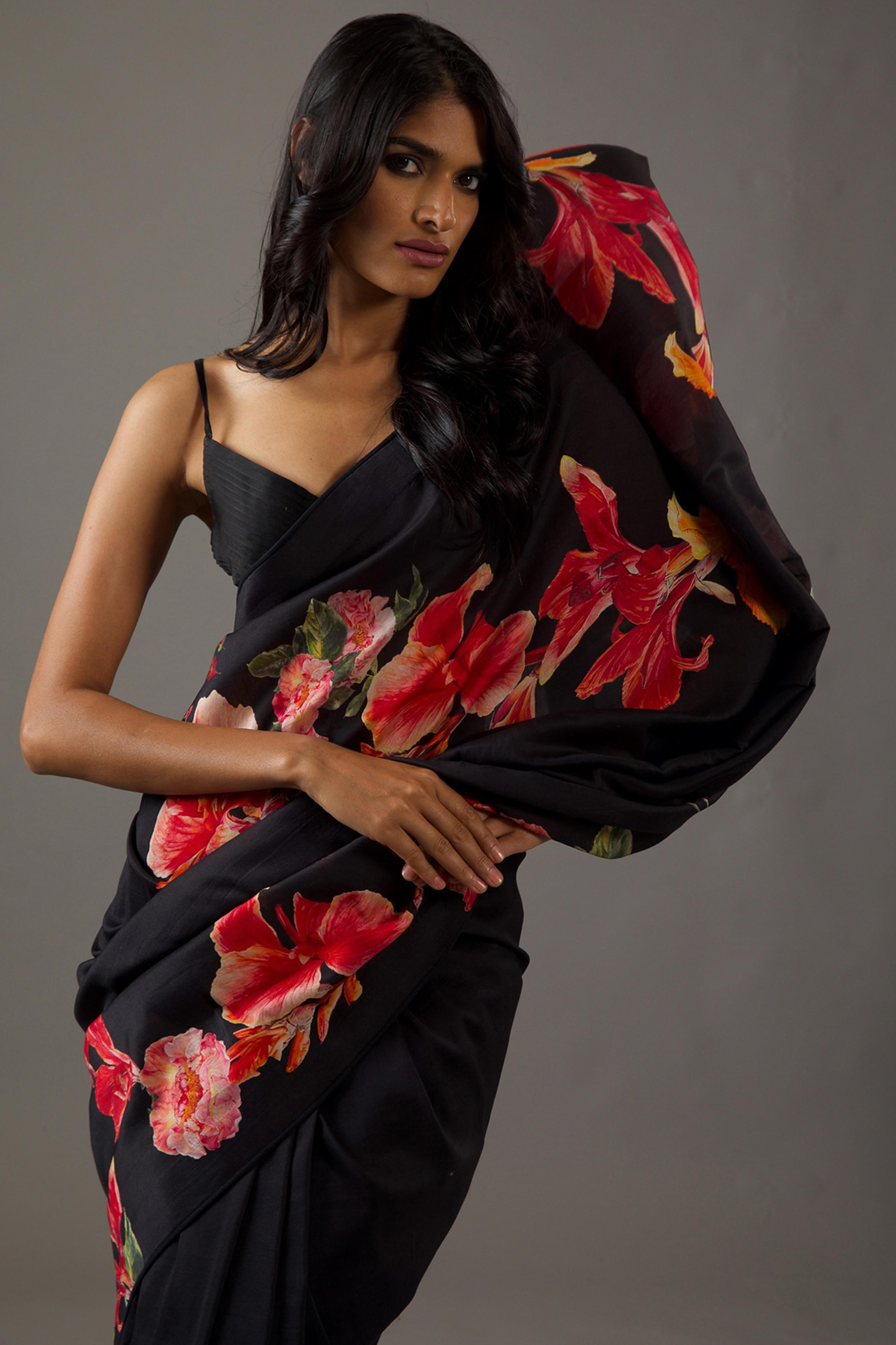 Black Floral Digital Printed Moss Satin Saree