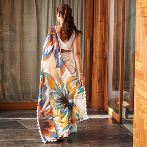 Off white Printed Moss Satin Saree