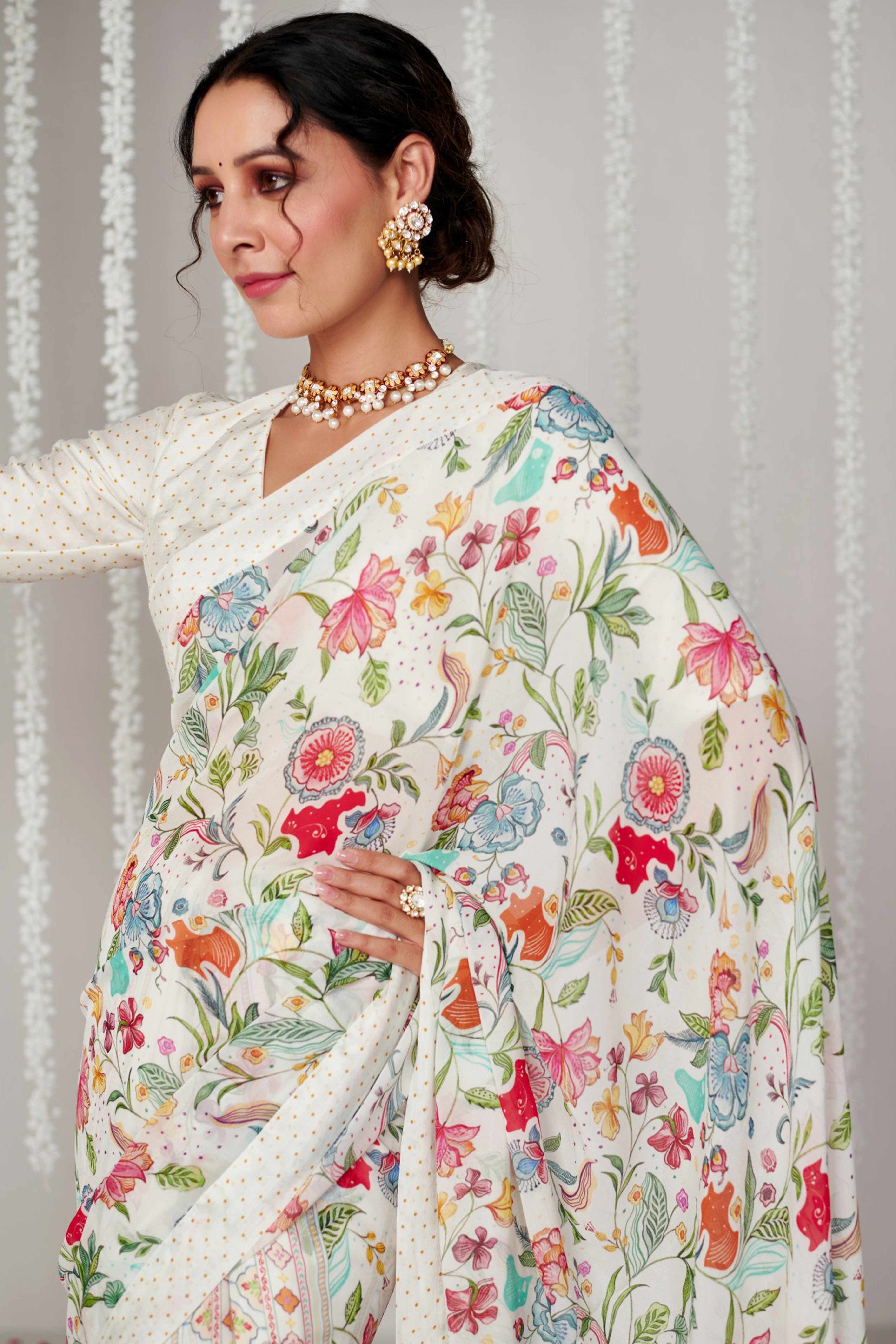 White Floral Digital Printed Moss Satin Saree