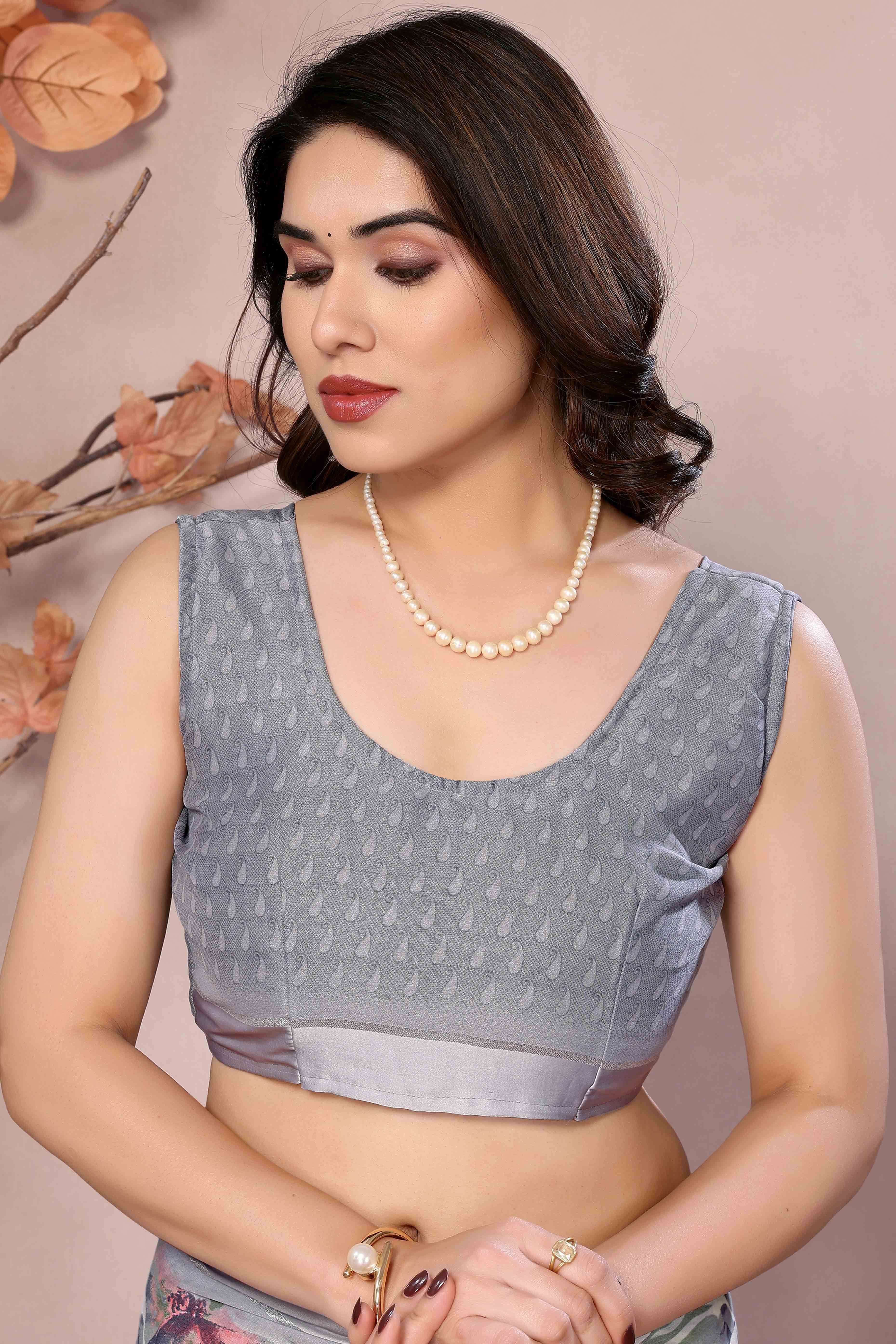 Grey Floral Printed Satin Saree