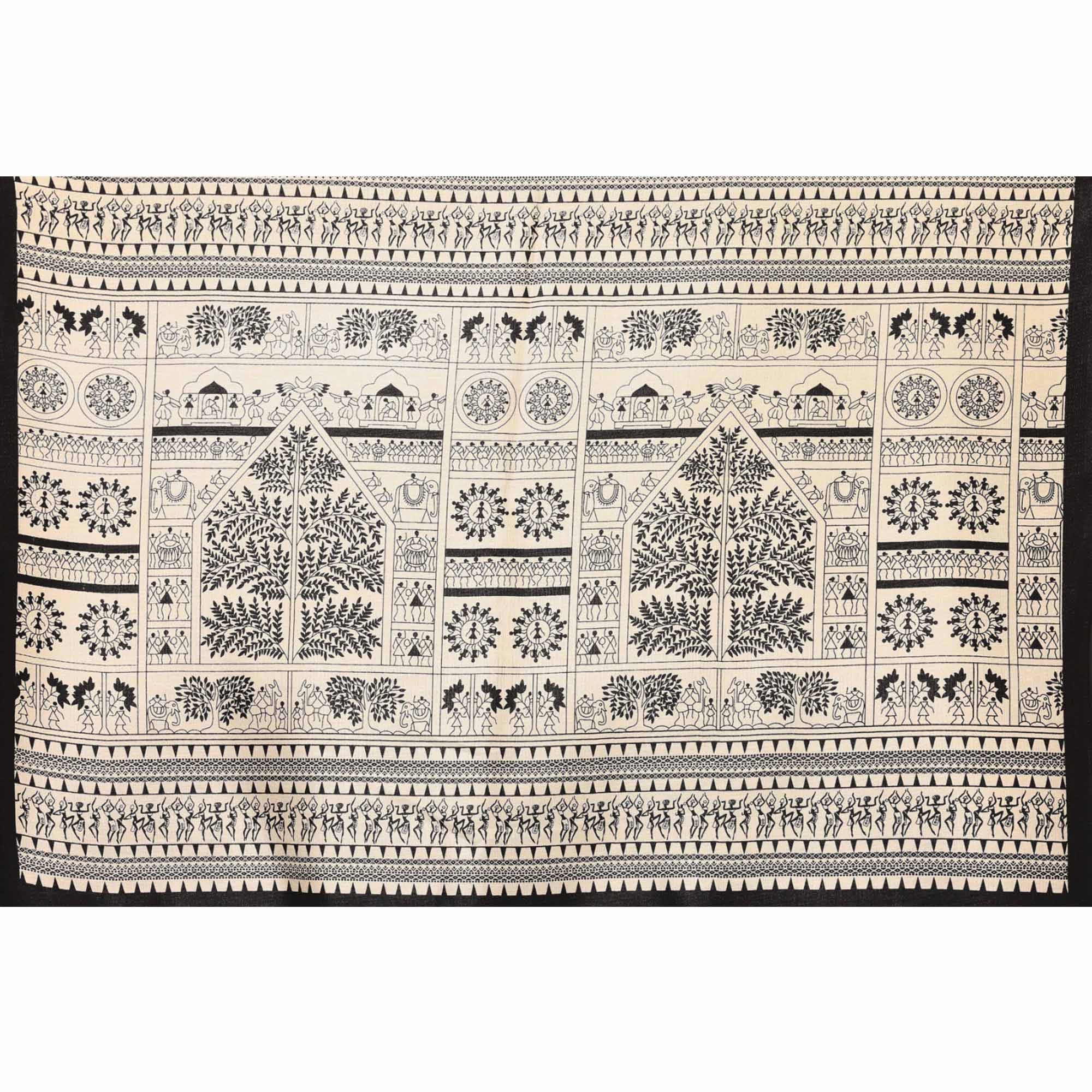 Off White & Black Warli Printed Khaadi Saree