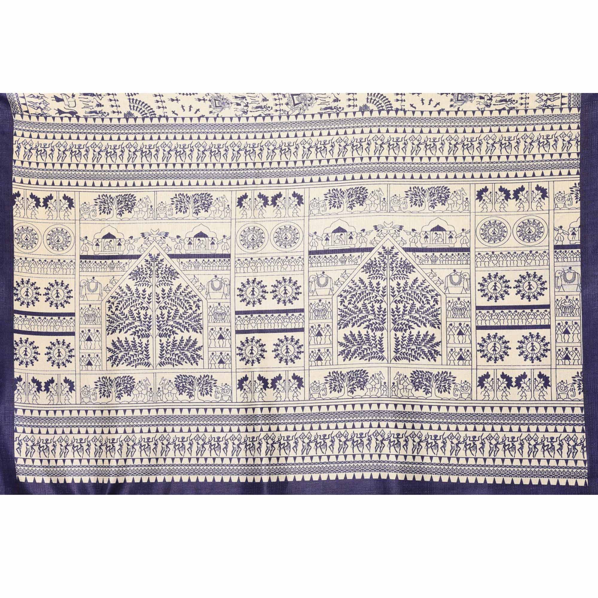 Off White & Blue Warli Printed Khaadi Saree