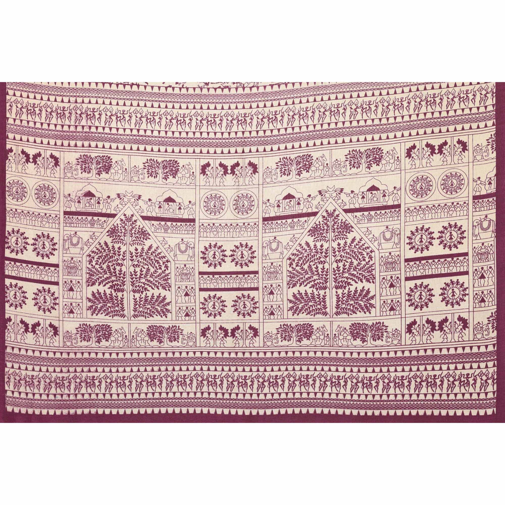 Off White & Purple Warli Printed Khaadi Saree