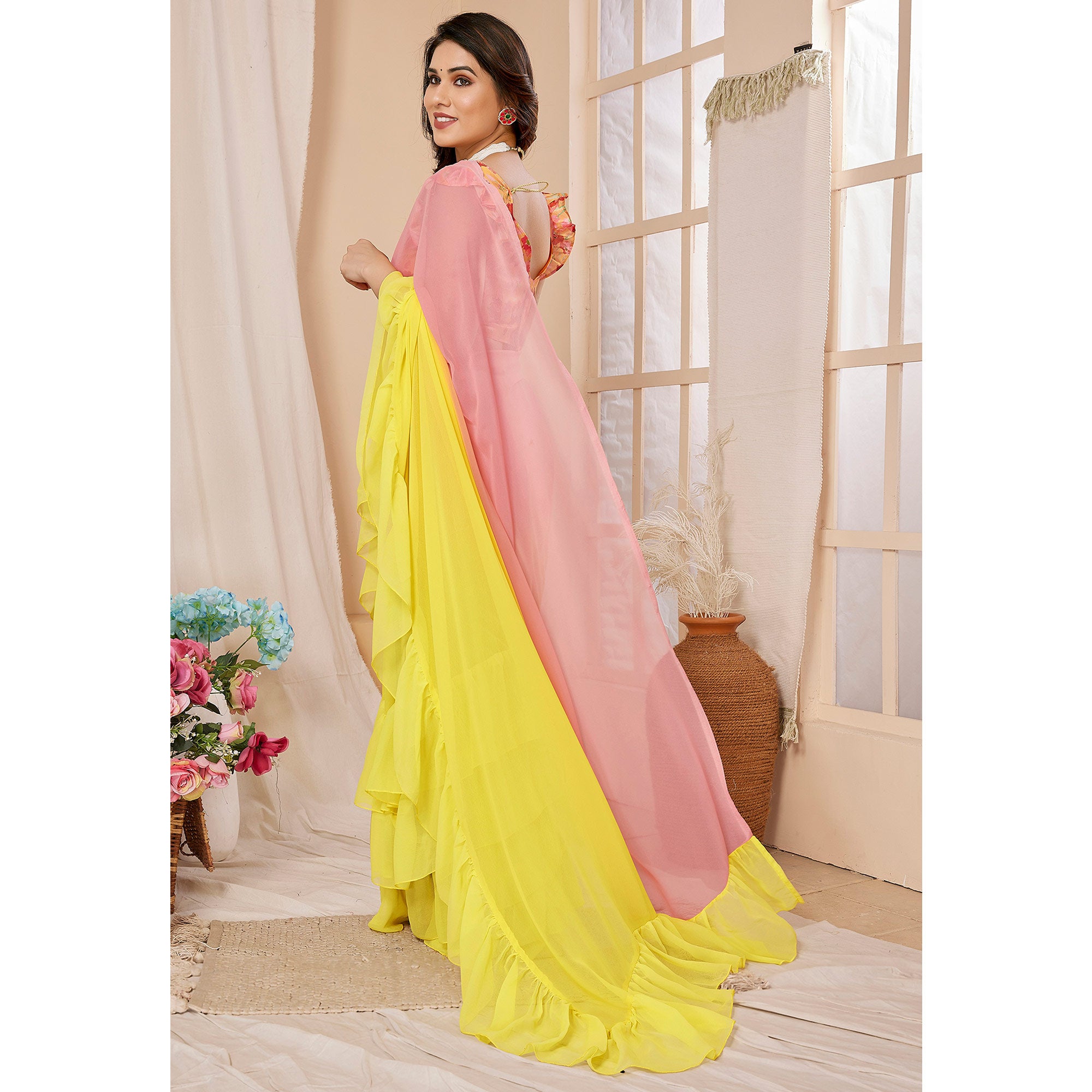 Yellow & Pink Ombre Printed Georgette Ruffle Saree