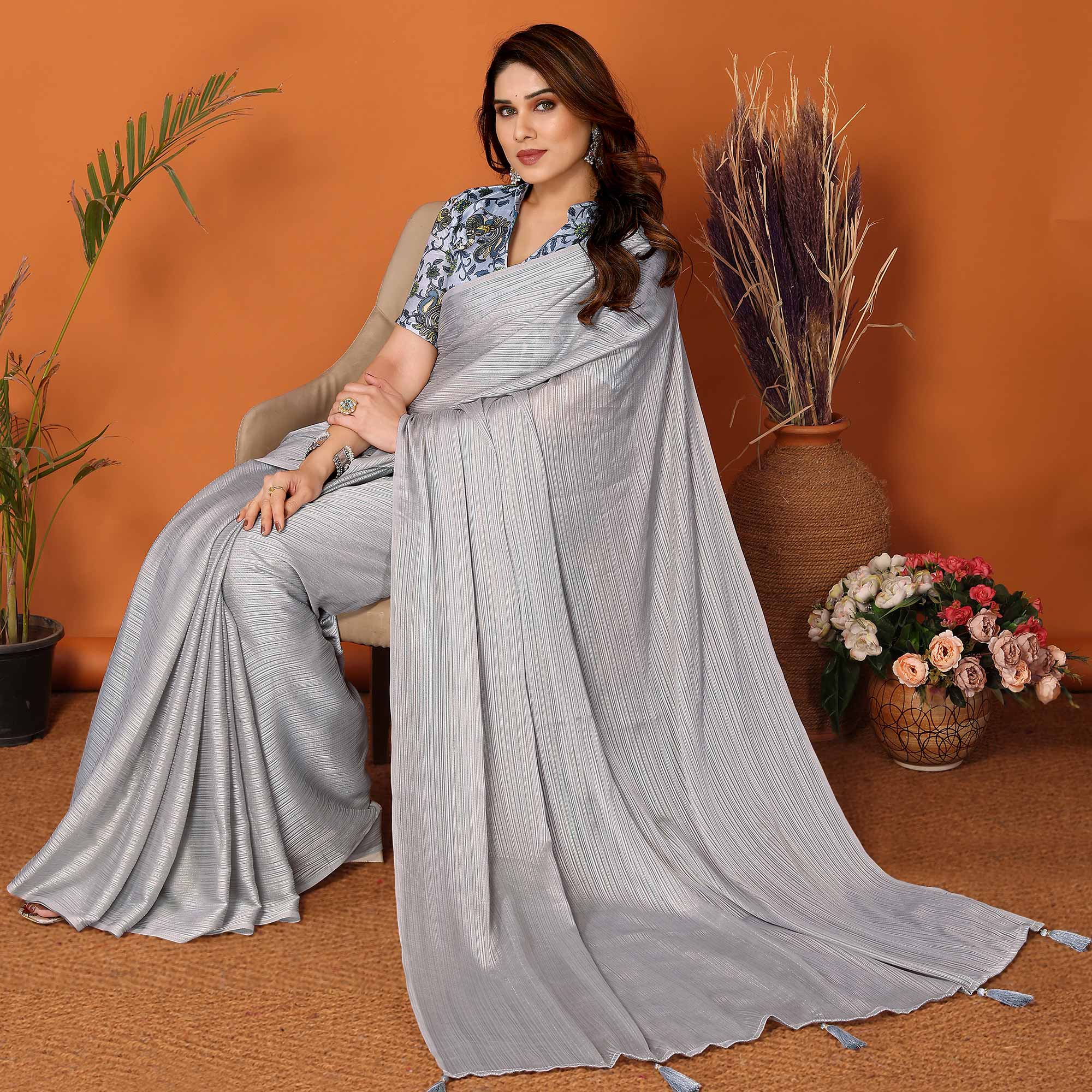 Grey Woven Satin Saree With Tassels