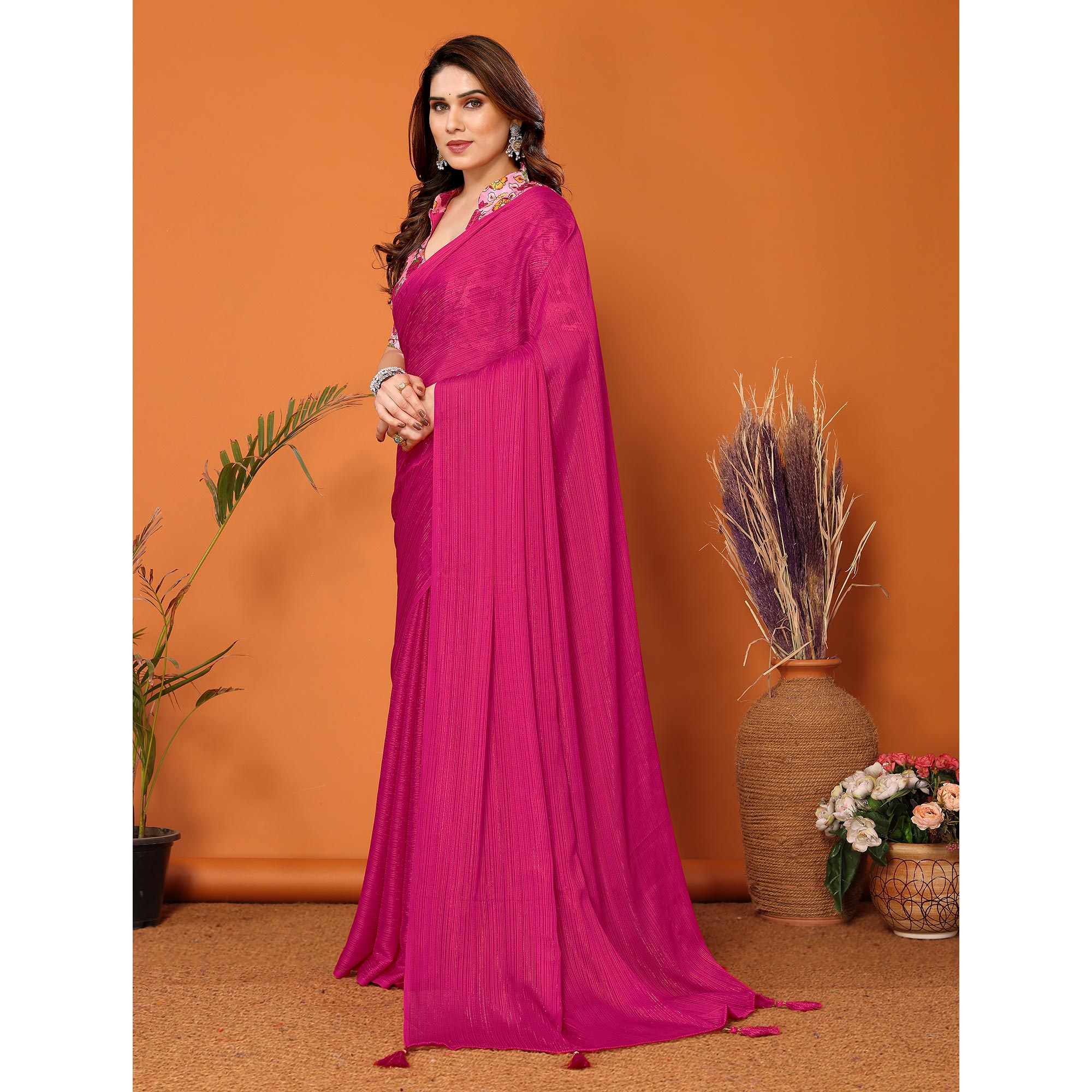 Magenta Woven Satin Saree With Tassels