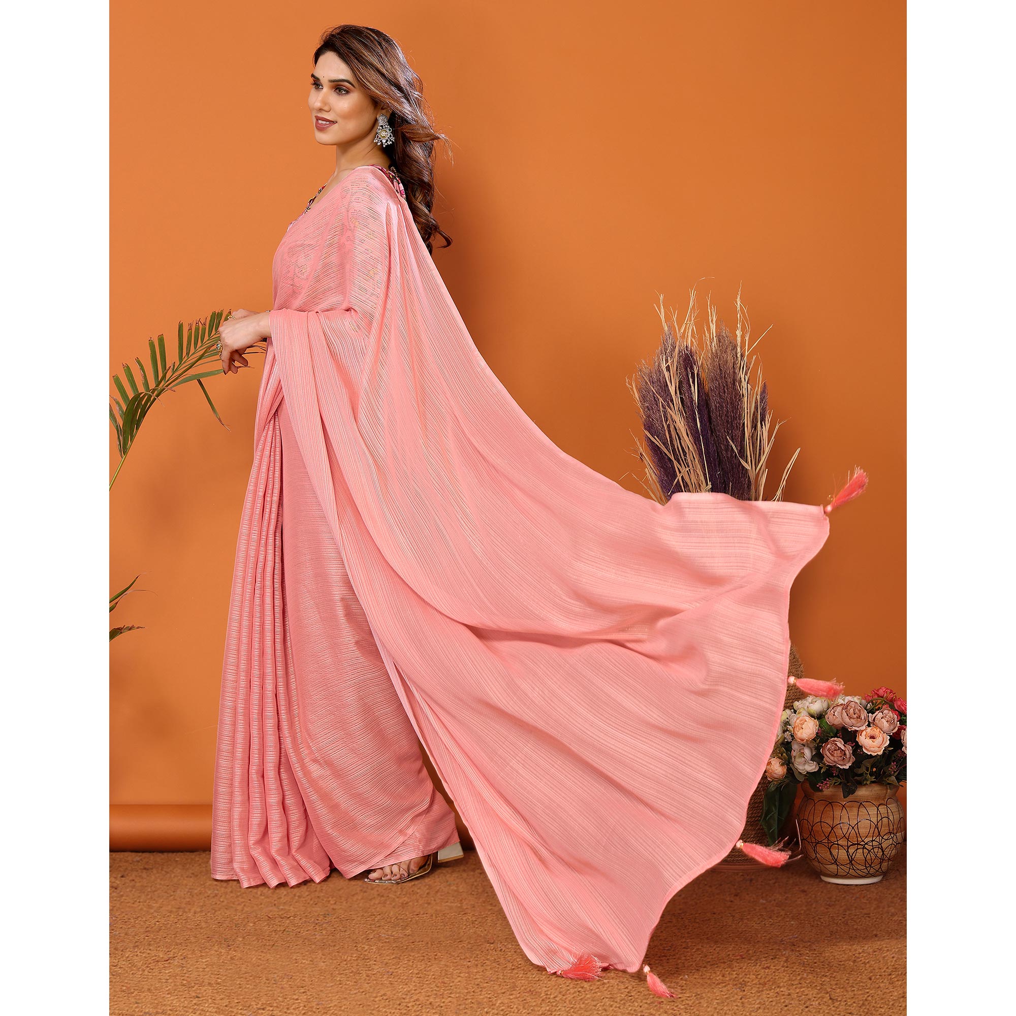 Peach Woven Satin Saree With Tassels