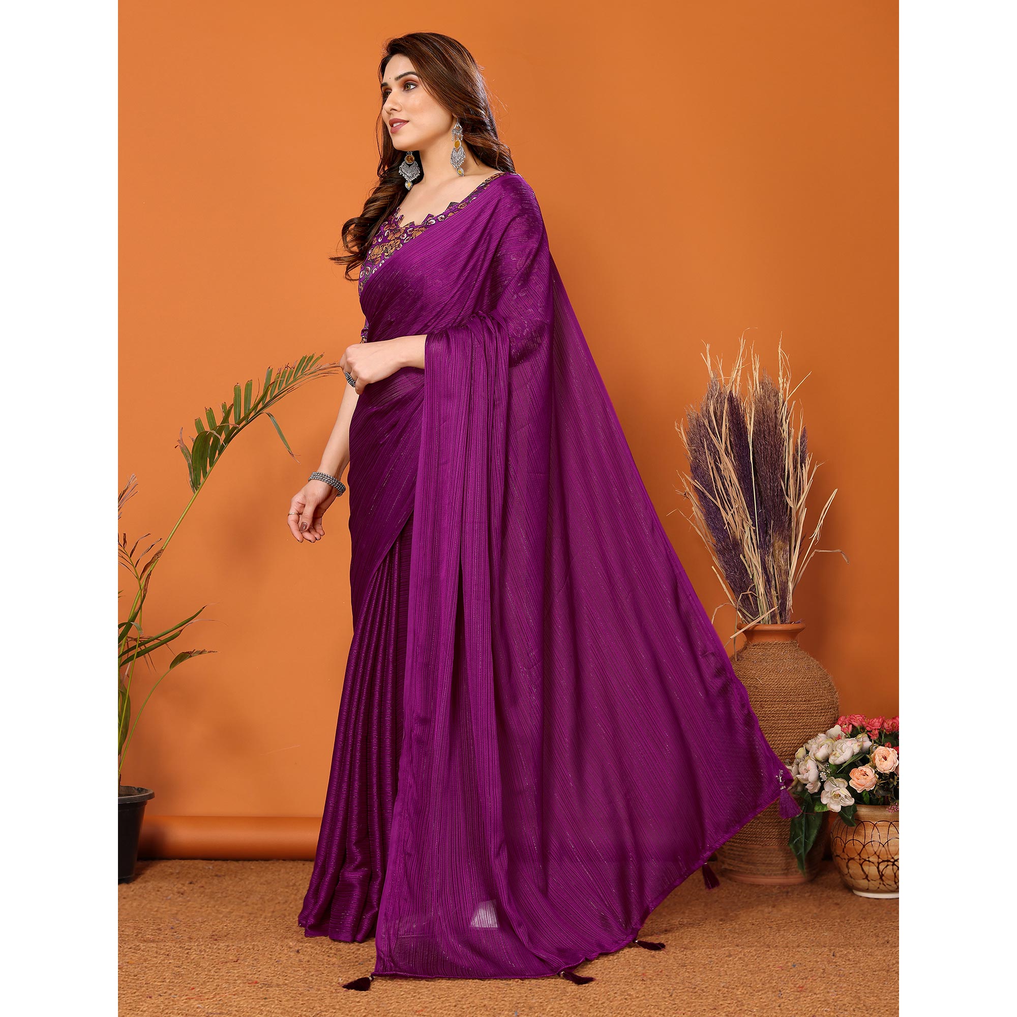 Purple Woven Satin Saree With Tassels