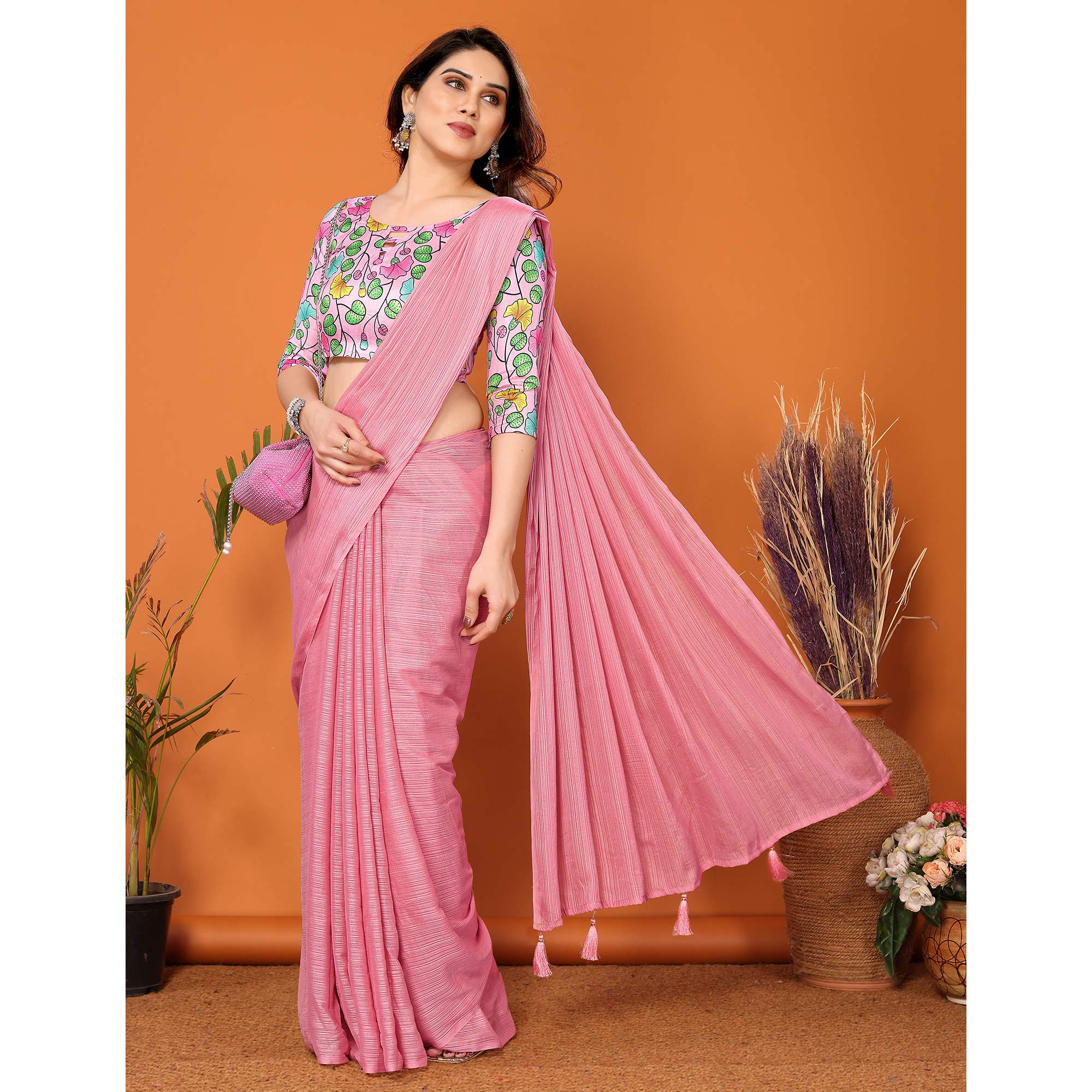 Rose Pink Woven Satin Saree With Tassels