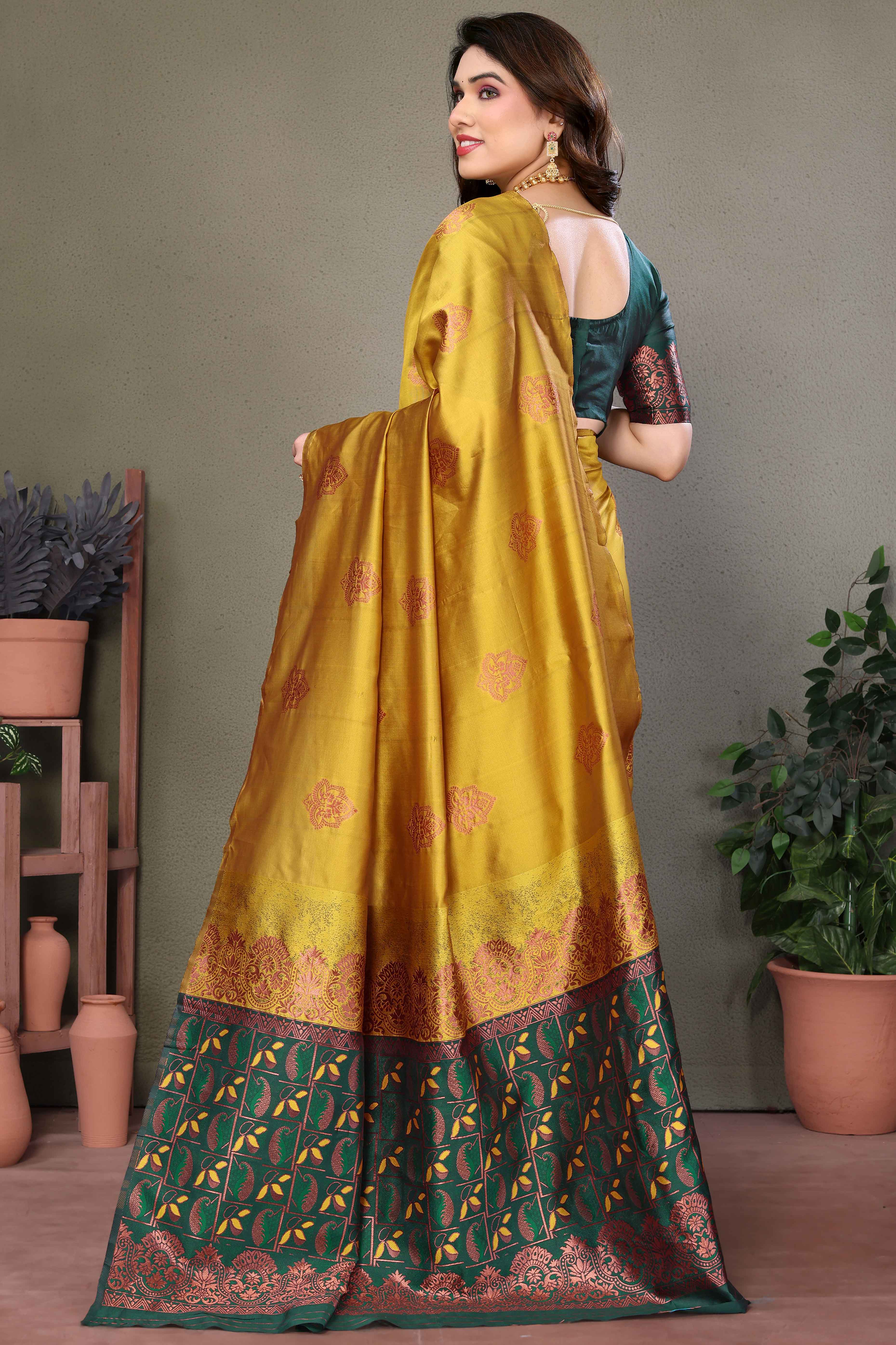 Mustard Floral Woven Banarasi Silk Saree