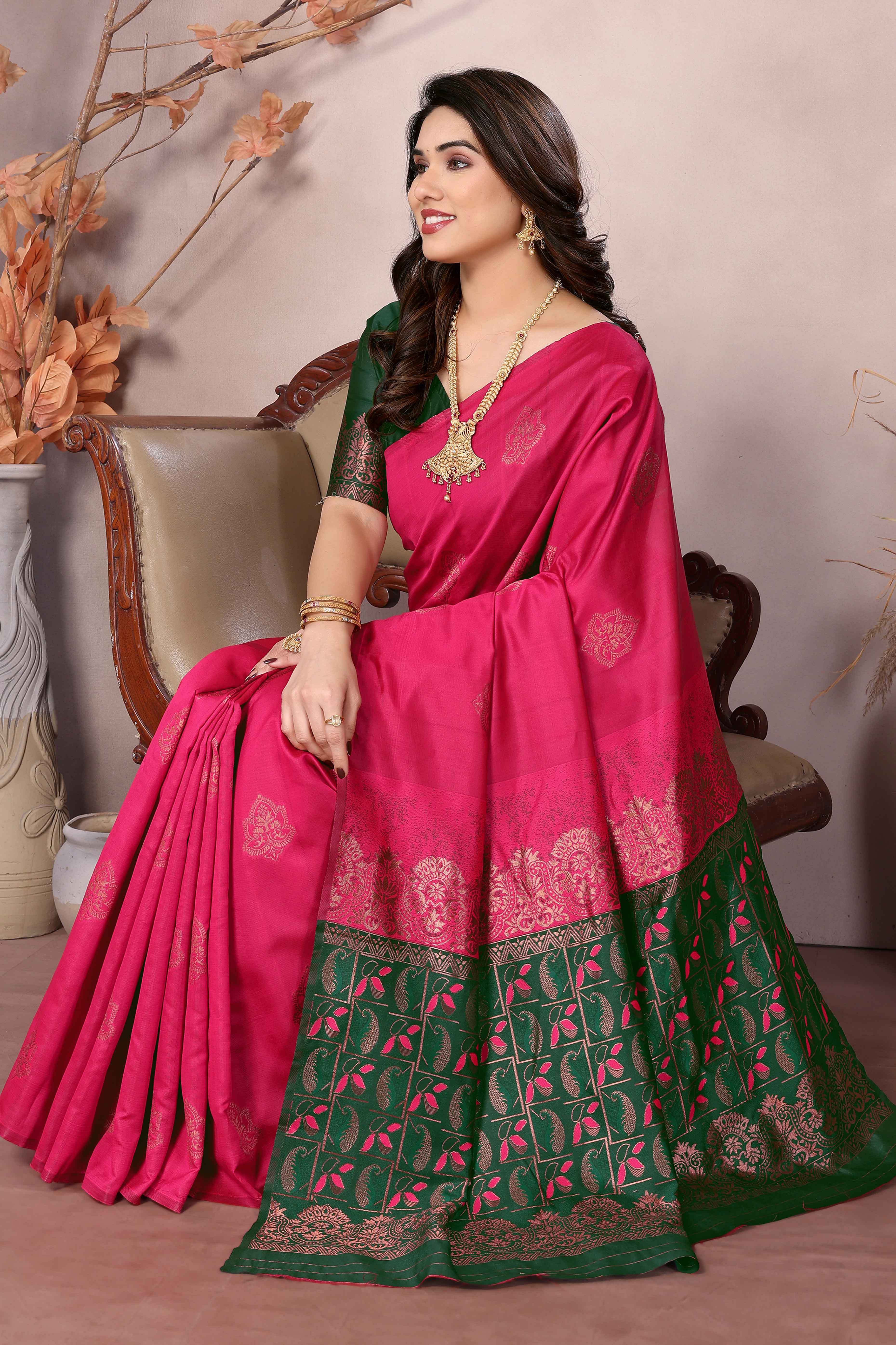 Pink Floral Woven Banarasi Silk Saree