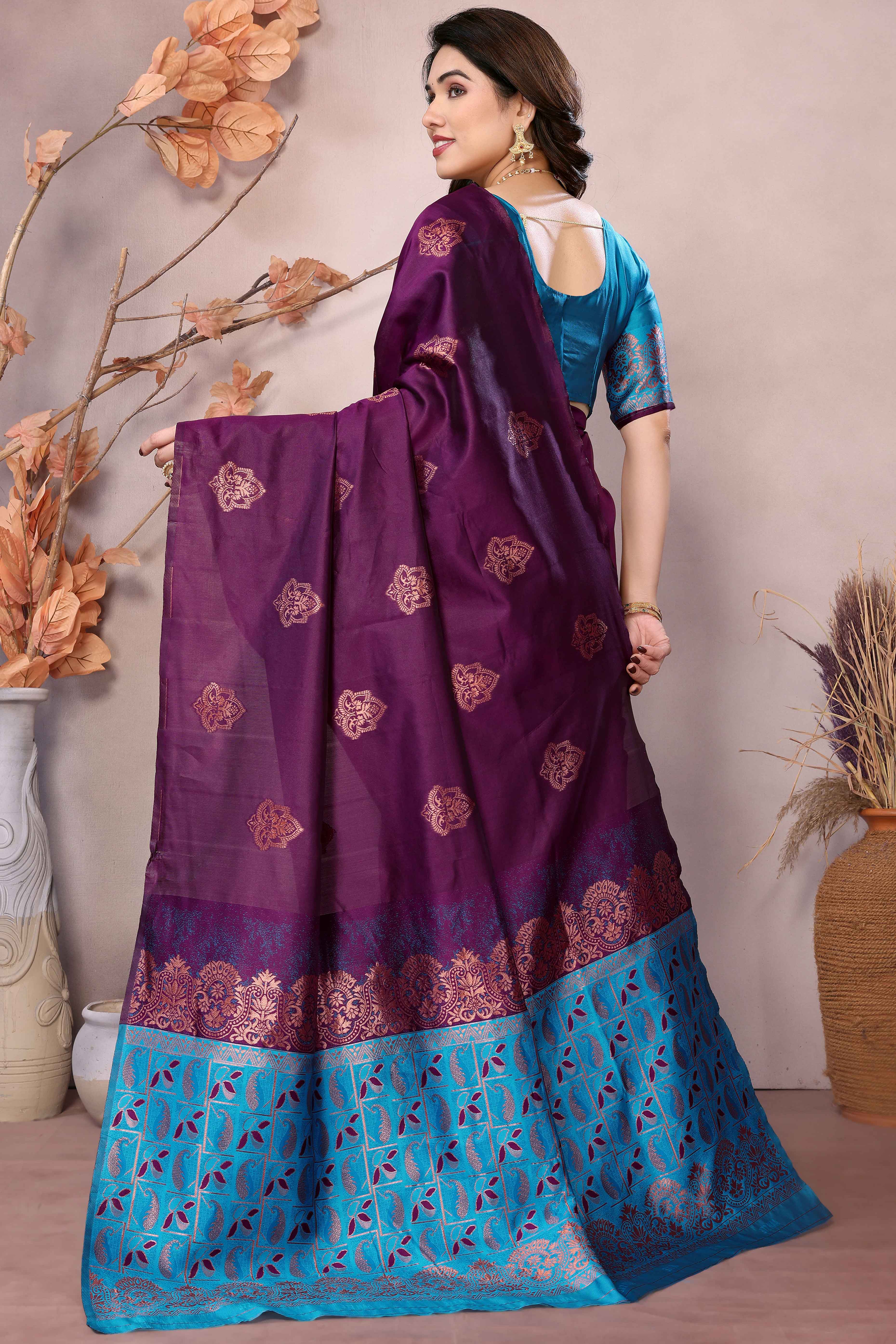 Purple Floral Woven Banarasi Silk Saree