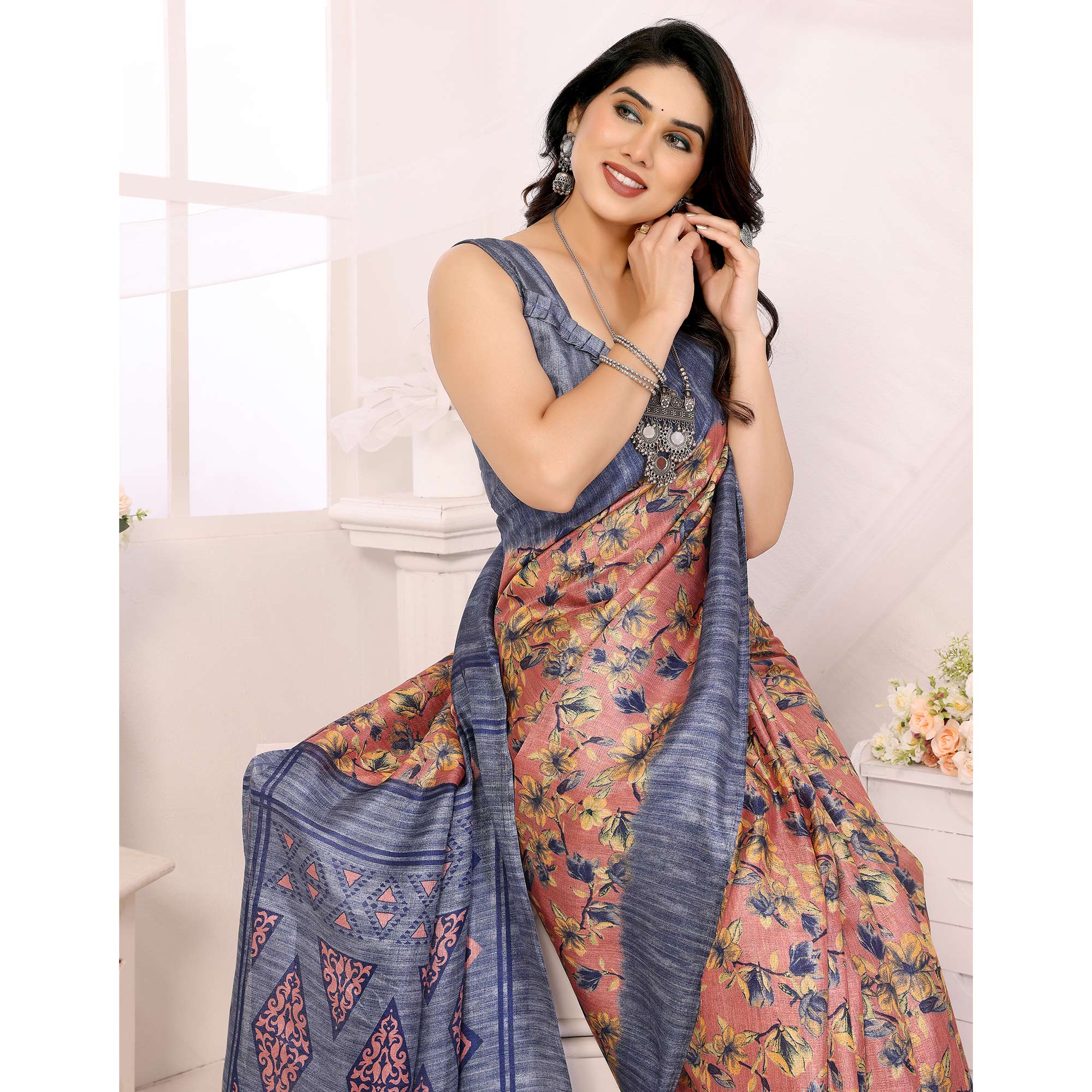 Grey Floral Printed Khadi Saree