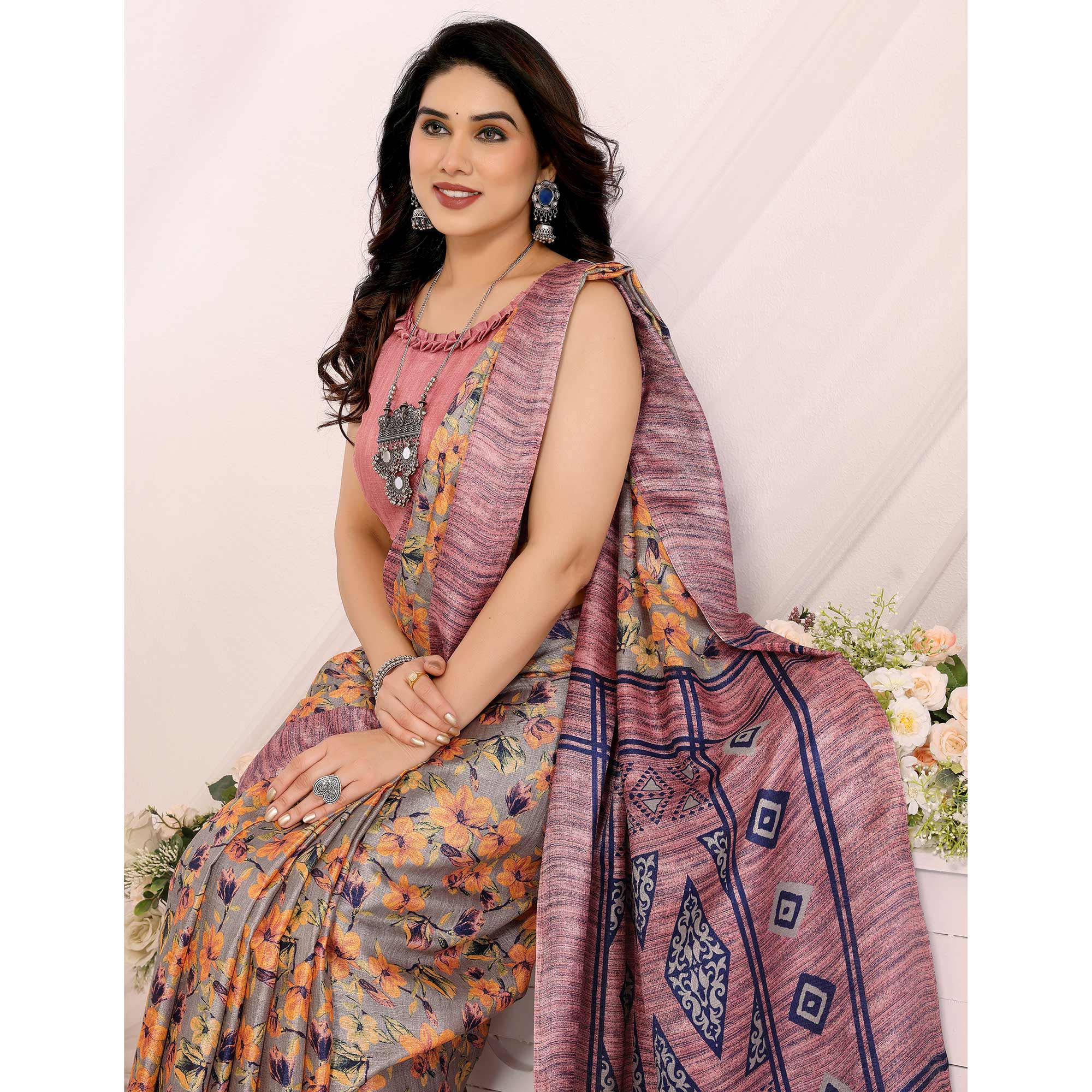 Pink Floral Printed Khadi Saree