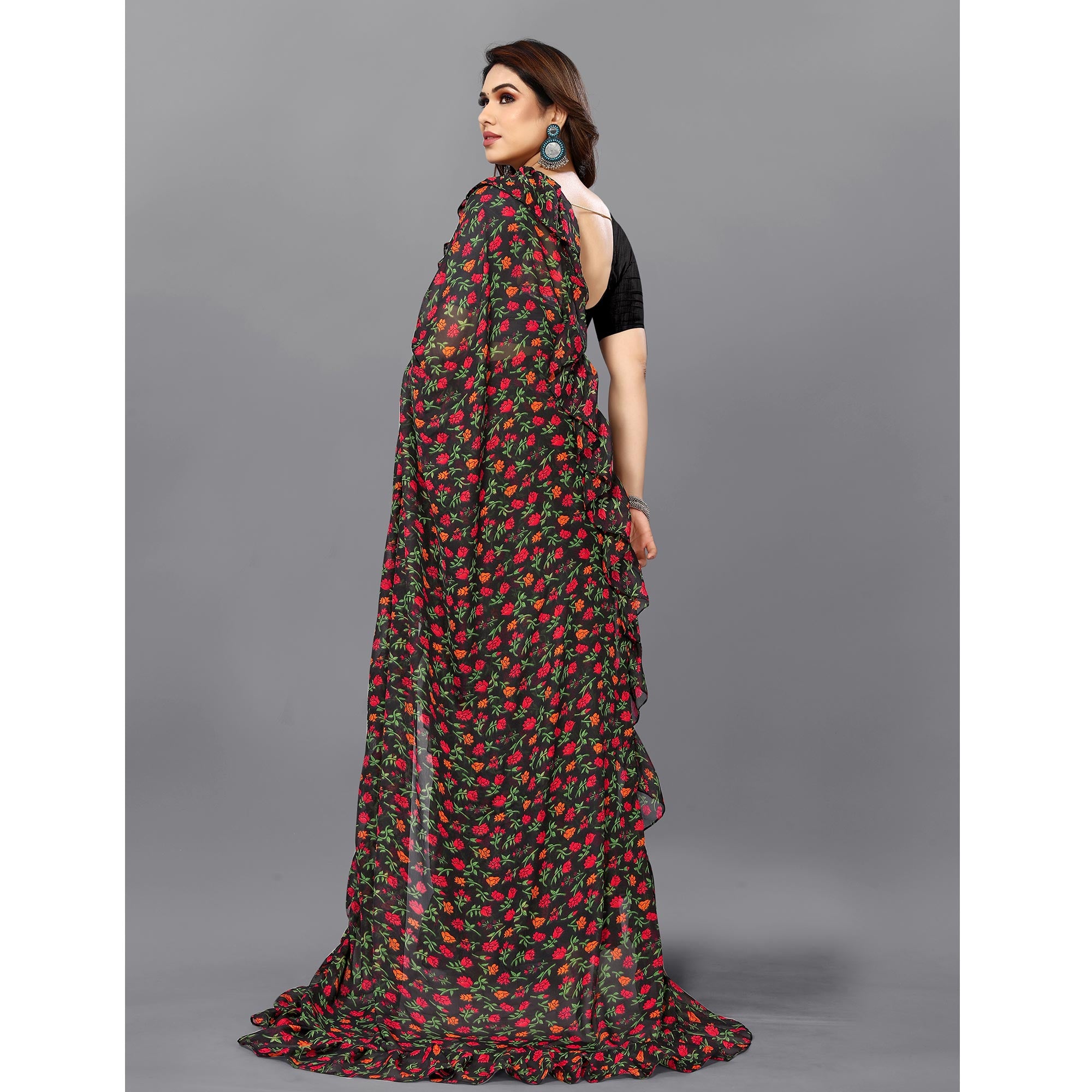 Black Floral Printed Georgette Saree